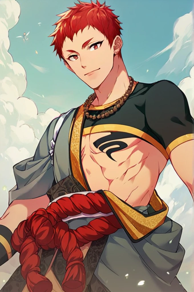 score_9,score_8_up,score_7_up,score_6_up,score_5_up,score_4_up,1boy,Jizou,red hair,red eyes,bead necklace,single bare pectoral,single short sleeve,crop top black shirt,chest tattoo,monk,red rope belt,<lora:Jizou_pony:1>,