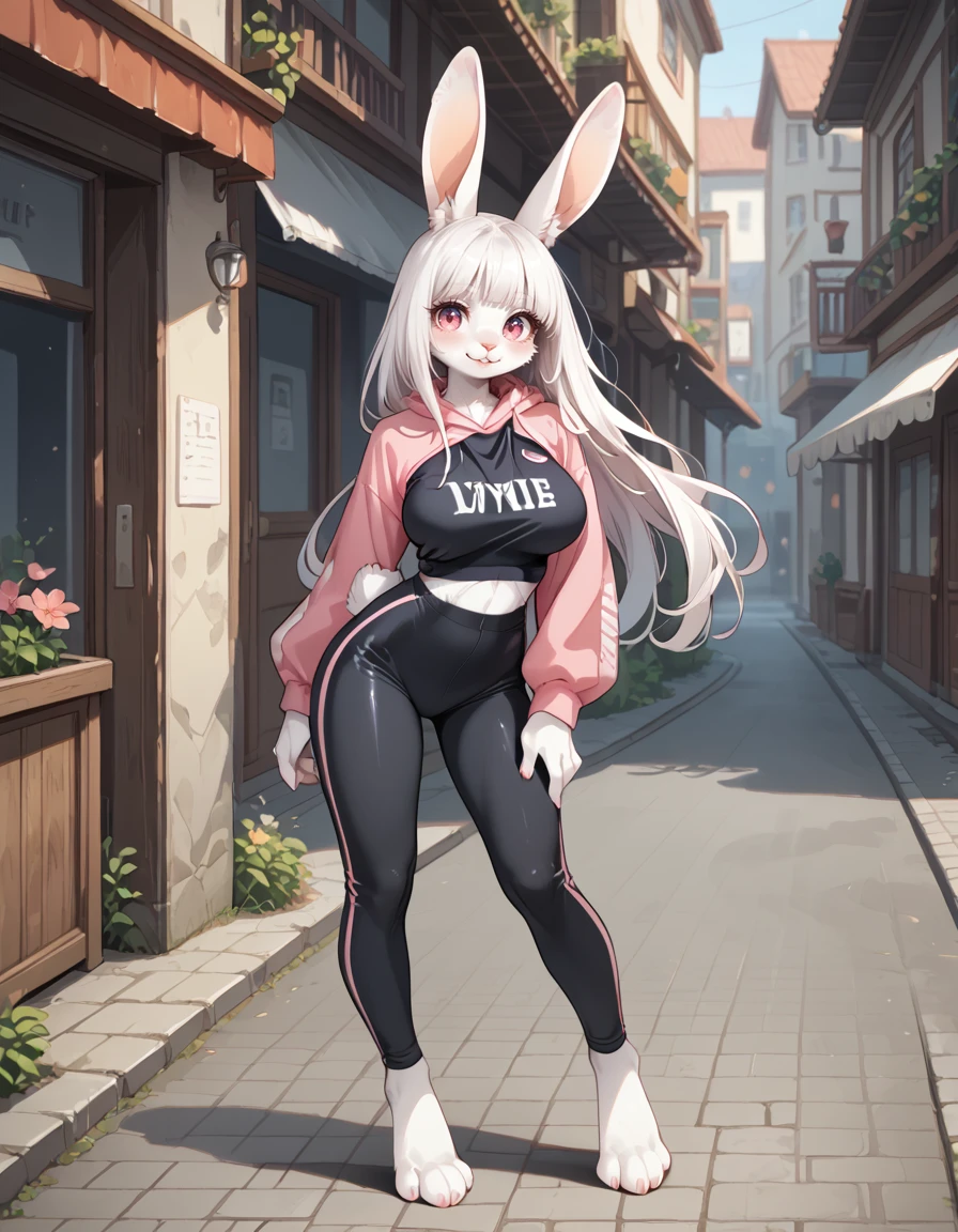 score_9,score_8_up,score_7_up,
outdoors,village,
full body,seductive smile,parted lips,long eyelashes,standing,pose,
shiny black spandex pants,hoodie,
<lora:Yukyo_v01_PDXL:1>,Yukyio,1girl,solo,furry female,rabbit girl,rabbit ears,animal ear fluff,rabbit tail,white hair,long hair,pink eyes,animal nose,snout,large breasts,
<lora:add-detail-xl:1>,