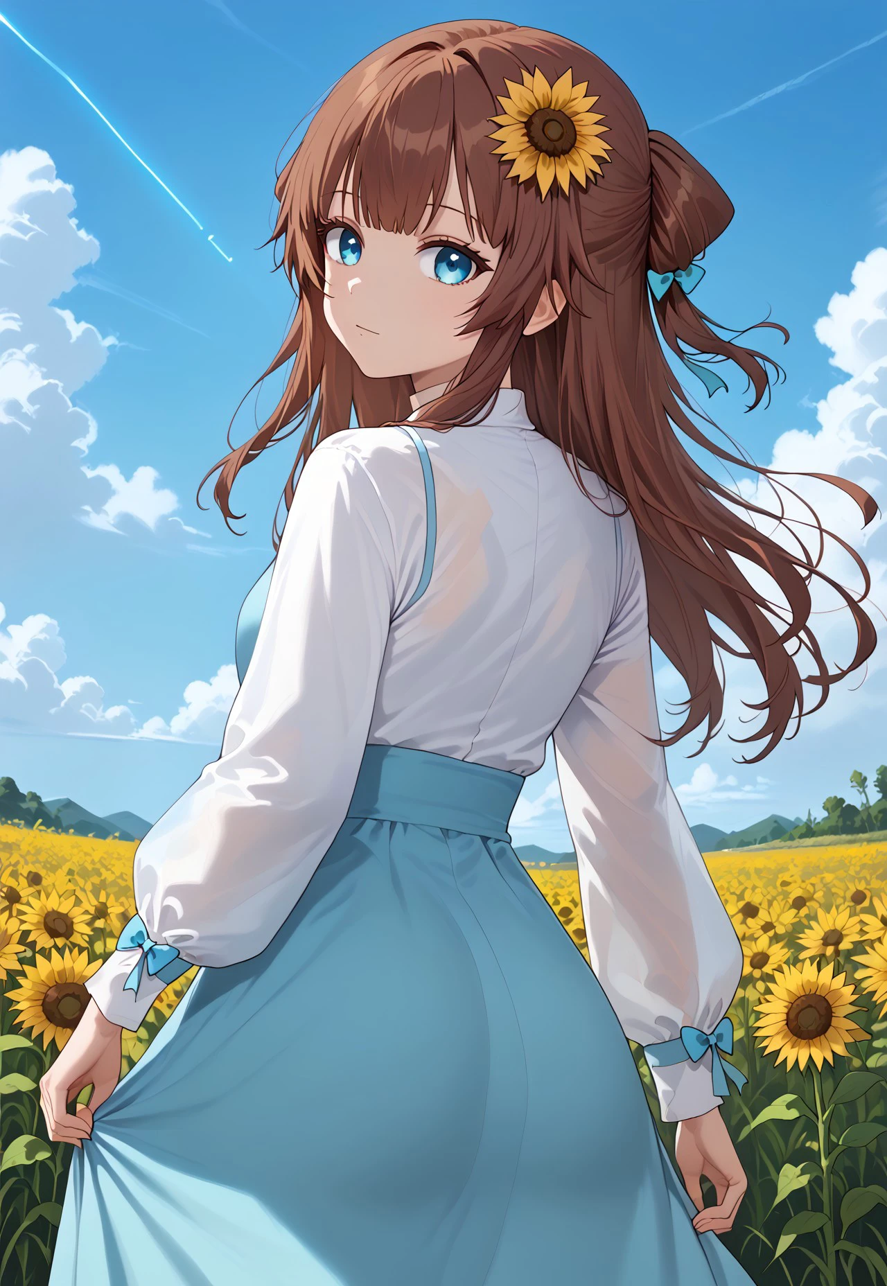 1girl, solo, solo focus, highres, absurdres, RemiSprings, hair flower, sunflower hair ornament, brown hair, long hair, bangs, blue eyes, blue dress, white shirt, hair bow, blue bow, bangs, long dress, long sleeves,
looking at viewer, from behind, looking back,
day, blue sky, cloud, sunflower field, neon lights, shade,