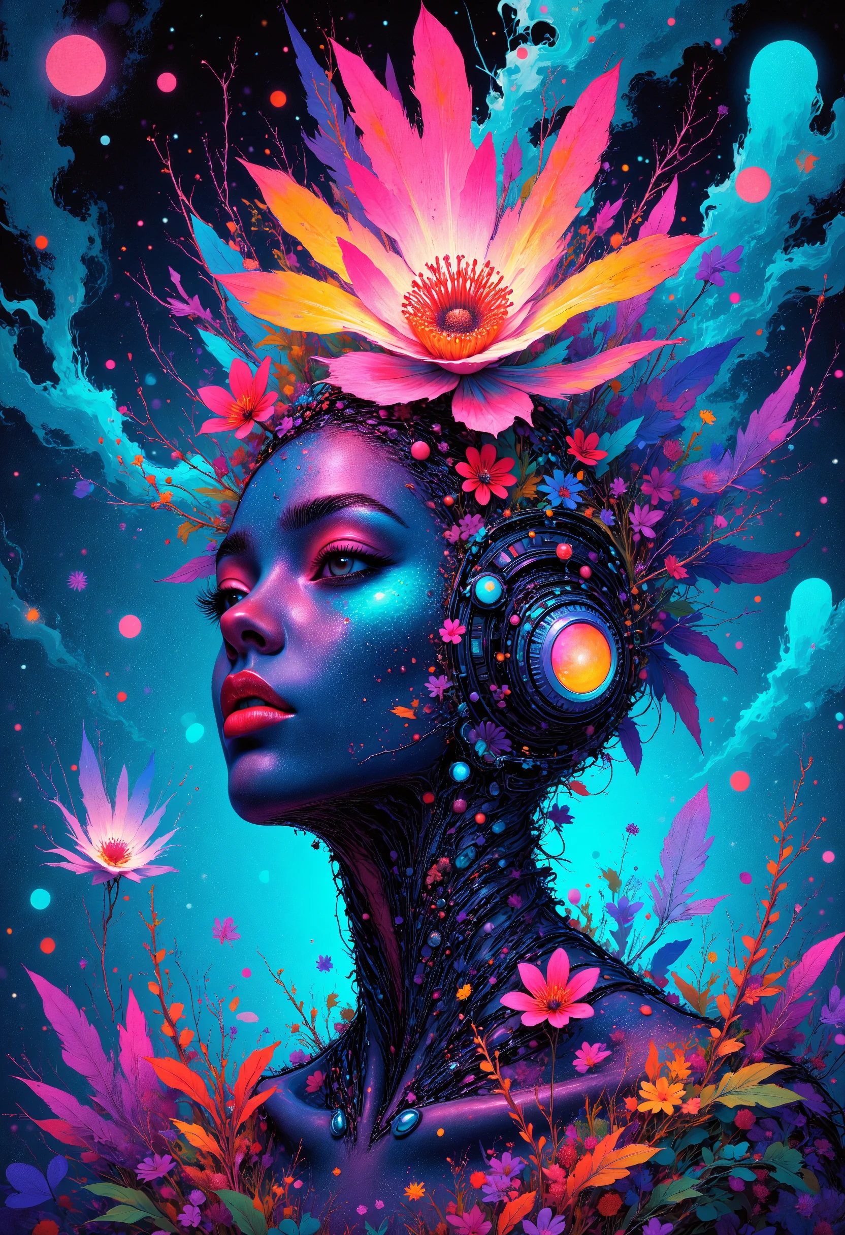 (A uniquely beautiful female dressed in attire resembling a fusion of bioluminescent flora and cybernetic enhancements set against a composition that merges fractal patterns with dreamlike landscapes, wearing unique Avant-garde masterpiece attire and headdress:1.1), (The subject is best lit with a shifting pulsating light that accentuates the organic-meets-technological ensemble, The background features a surreal dreamscape with floating islands and cascading waterfalls:1.1), (hyperdetailed:1.1), (intricate details:1.0), (Refined details:1.1), (best quality:1.1), (very stylish detailed modern haircut, mesmerizing detailed radiant face, mesmerizing detailed beautiful eyes:1.2), highly detailed textures, <lora:FLUX\EmberveilV3:1.0>