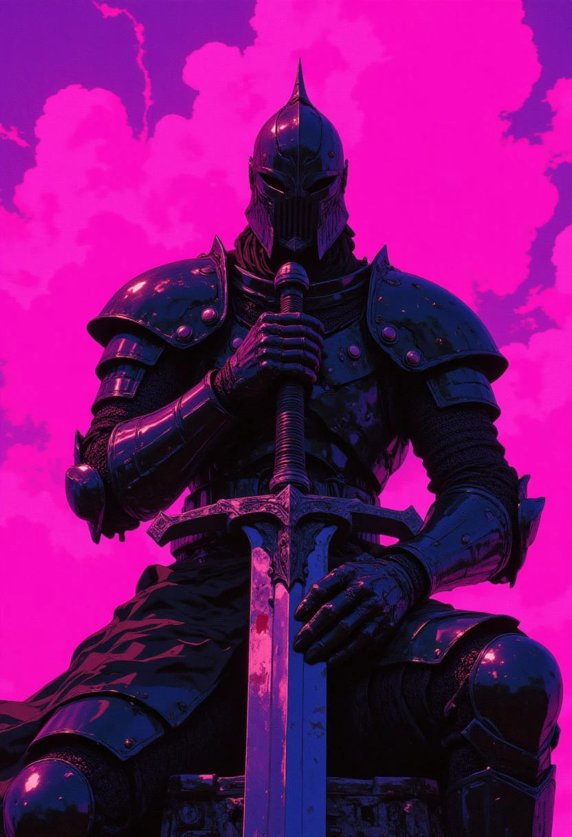 cinematic film still award winning photo .Stark Pink and purple sky with a black armored knight resting his arms on a large sword.shallow depth of field, vignette, highly detailed, high budget, bokeh, cinemascope, moody, epic, gorgeous, film grain, grainy,anime, cyberpunk, Comic book style,CALT