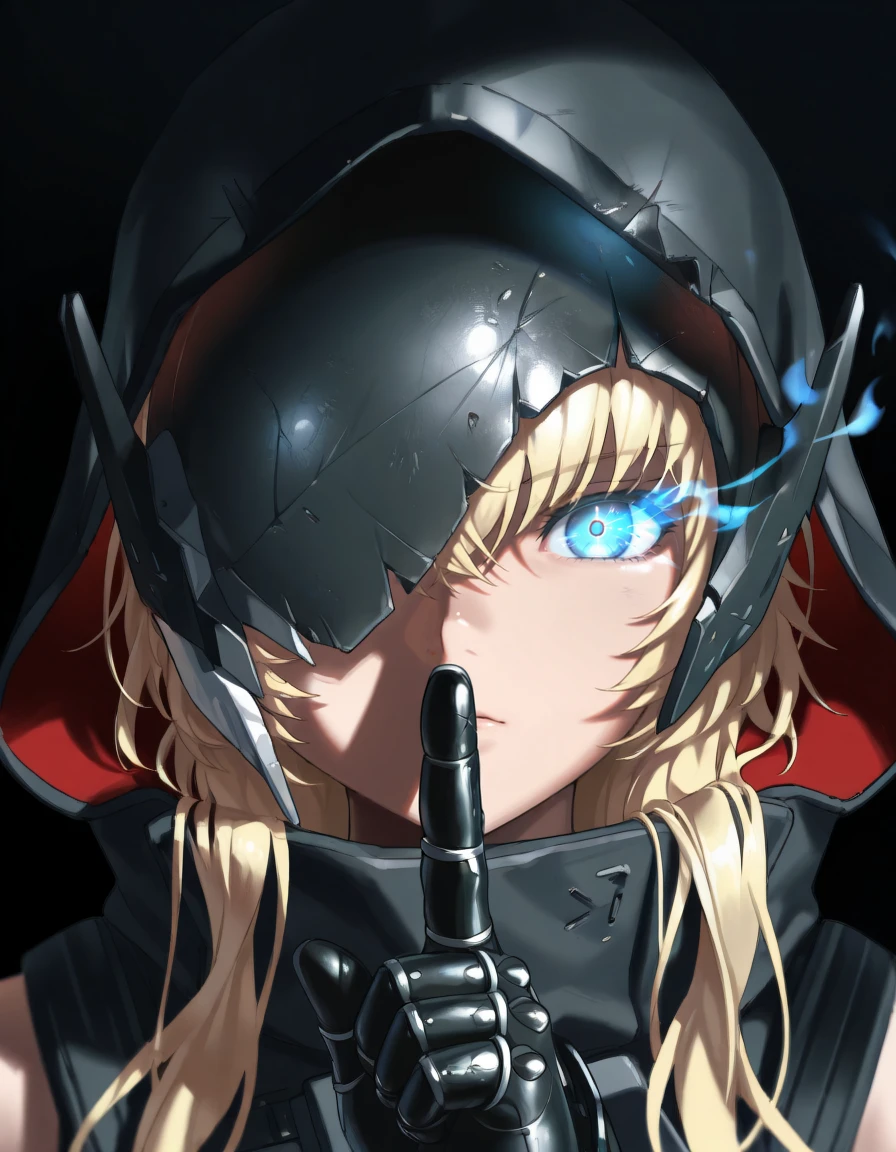 masterpiece, best quality, absurdres, very aesthetic, solo, 1girl, hood up, blue eyes, blonde hair, black gloves, metal gloves, broken mask, one eye covered, looking at viewer,  portrait, shushing, index finger raised, dark, black background, glowing eye, flaming eye  <lora:gravenikke-illu-byananas-v12:1>