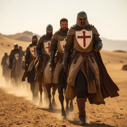 "Imagine an image in the style of epic cinematic photorealism, depicting Crusading Knights marching across an arid desert landscape. Their armor is worn and dusty, marked by the toll of endless travel and conflict. The knights carry shields adorned with crosses, their faces grim and stoic under the weight of their journey. The scene captures a somber atmosphere, with the stark emptiness of the desert stretching around them."