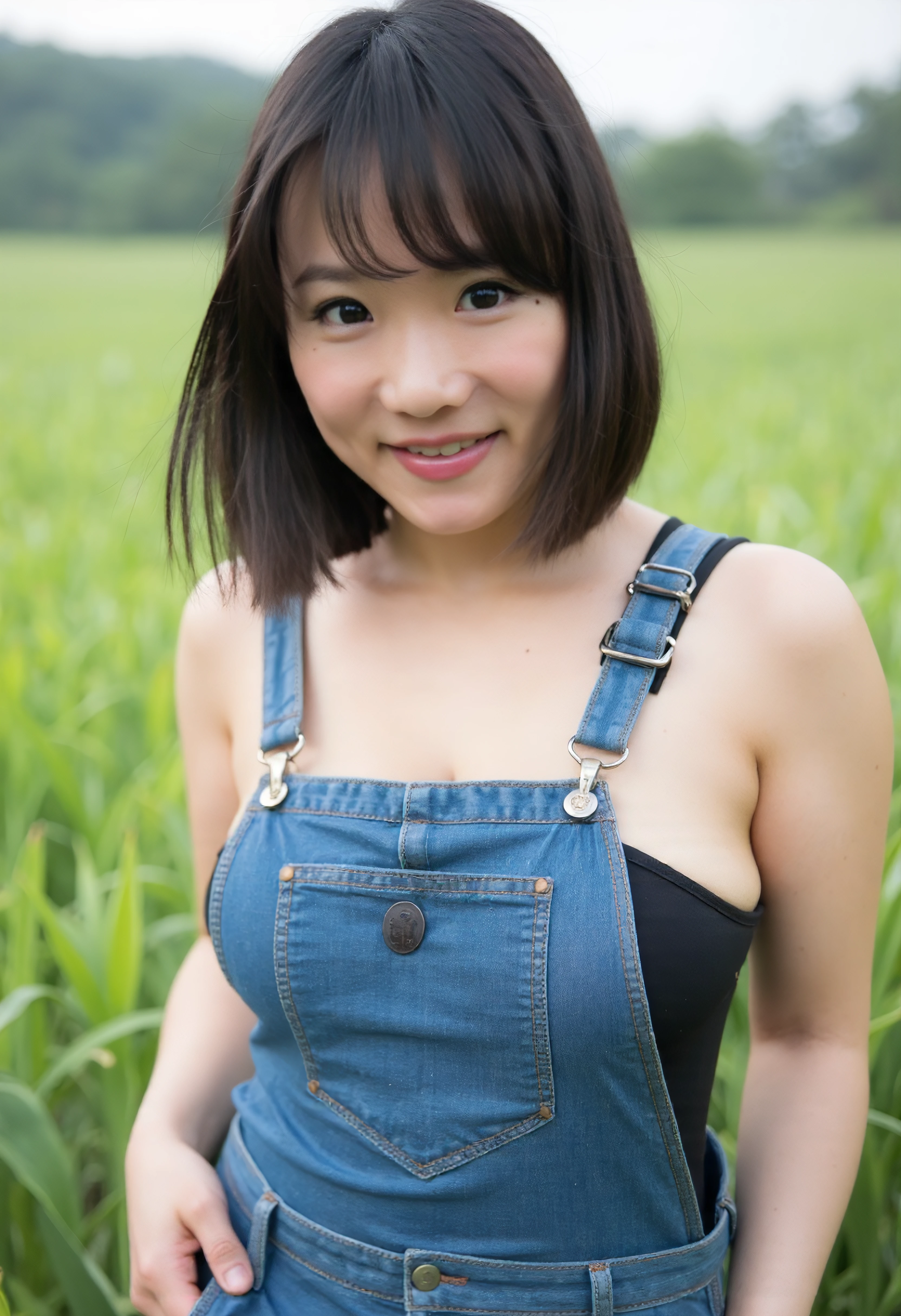 The image is a portrait of ShibuyaKaho woman posing for a photo ,She has short black hair,She is wearing denim overalls,She is outdoors in the fields. Upper body photo. She is looking at viewer. Amateur photography.