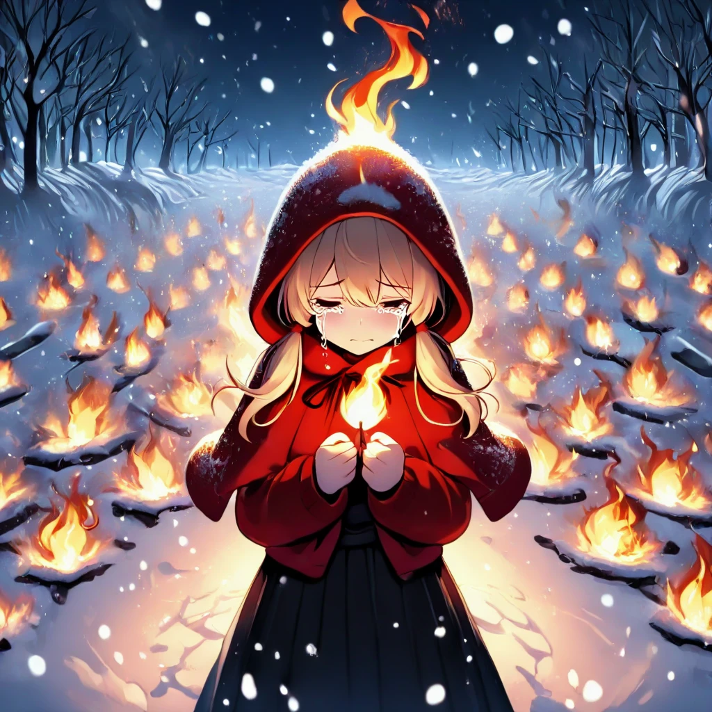 masterpiece, best quality, face focus, lit match, wildfire, bushfire, flaming, blaze, burning, 1girl, tears, crying, blonde hair, low twintails, hood up, red hooded jacket, black long skirt, capelet, fog, wind, steam, night, night sky, bare tree, snow, snowing, snowstorm, <lora:girllikelitmatch_ilxl:1>