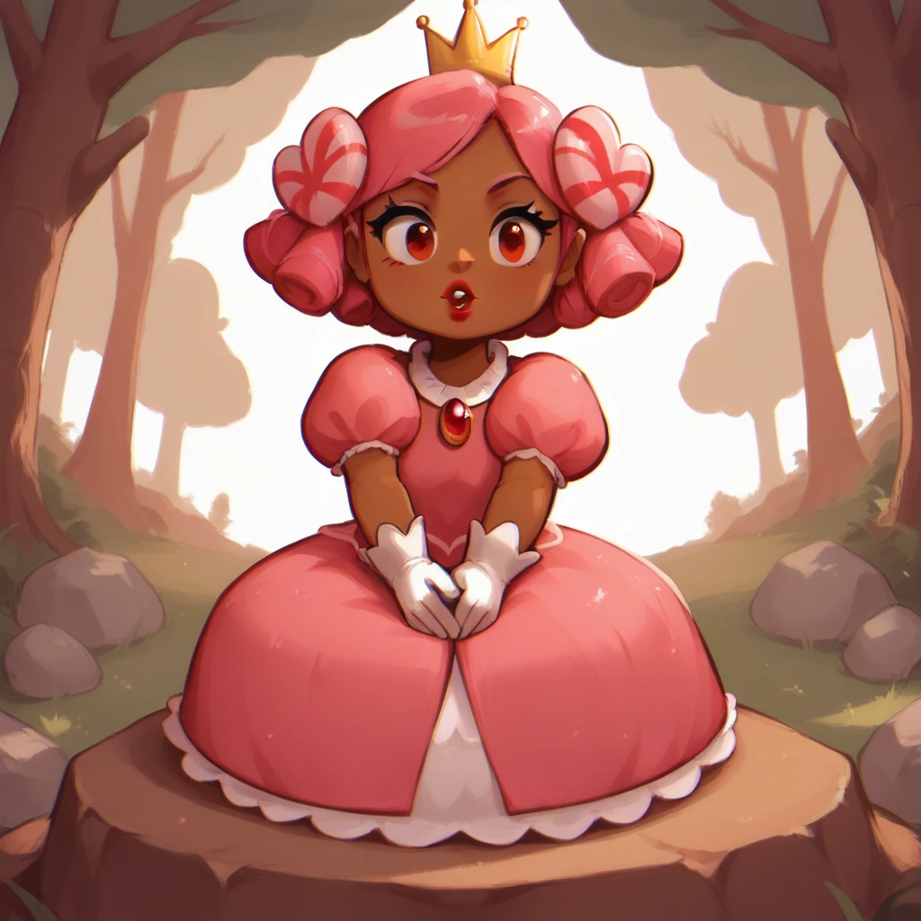 score_9_up, score_8_up, BREAK, PrincessCookie, 1girl, solo, pink hair, red eyes, crown, lipstick, dark skin, pink dress, white gloves, <lora:PrincessCookie_PXL_Leaf4:0.8>, sitting on rock, forest, arms at sides,