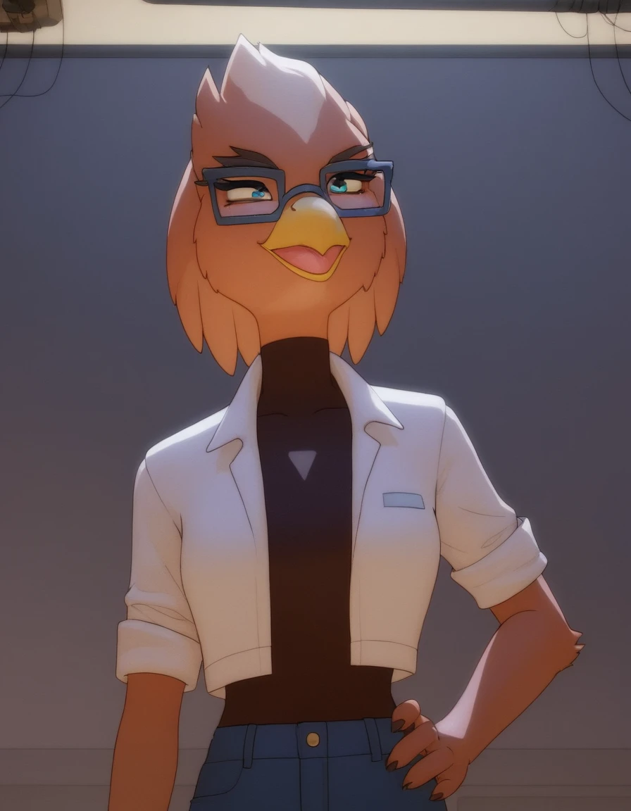 score_9, score_8_up, score_7_up, <lora:FrigleemanPonyXL:1> Frigleeman, anthro, female, bird, glasses, solo, source_cartoon,