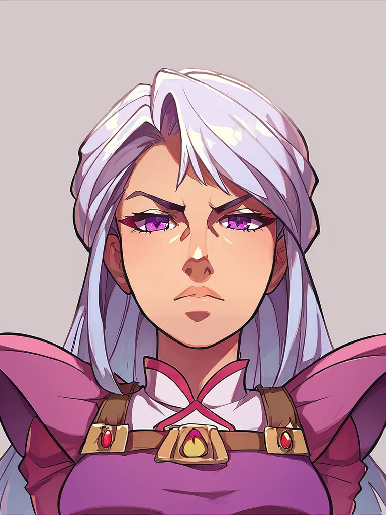 score_9, score_8_up, score_7_up, (source_anime, face detail, looking at viewer), ((high contrast:1)), fizzeru, [[Soft lighting, volumetric lighting]], 1girl,(solo), looking at viewer, mature female, serious expression, intellectual, detailed lips, eyebrow, upper body, (pinafore dress), (long white hair), purple eyes, style-sylvamagic, lineart, sketch, style-sylvamagic