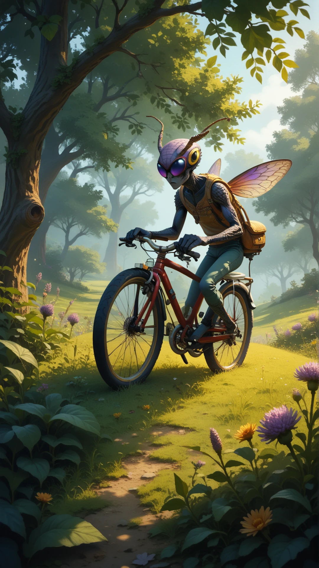 score_9, score_8_up, score_7_up, score_6_up, <lora:InsectHybridPDXL:0.9>insecthybrid gnat, hybrid,  the hybrid is Leonard Hofstadter from The Big Bang Theory, in location lush field of lavender rows with a vintage bicycle, One Hand Touching Face, full body, humanoid