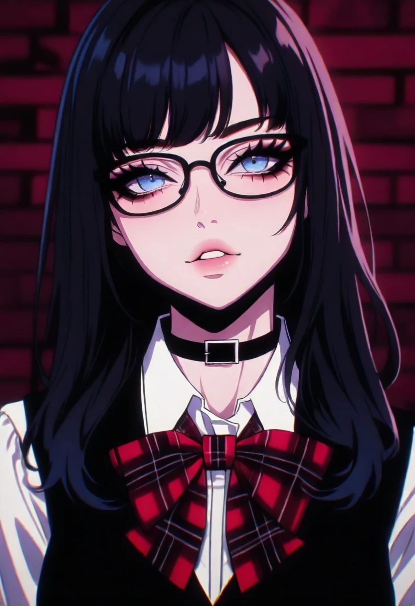 SHSLG, 1girl, solo, glasses, bow, long hair, shirt, parted lips, blue eyes, white shirt, black hair, bangs, black-framed eyewear, bowtie, plaid bow, choker, looking at viewer, collar, collared shirt, red bow, upper body, vest, plaid, lips, black choker, portrait