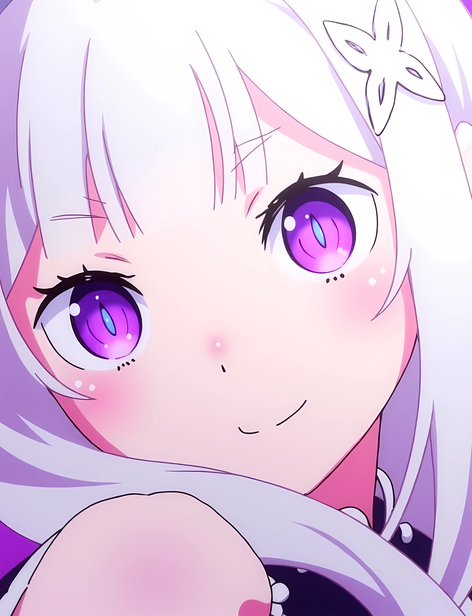 EmiliaFlux, white hair, purple eyes, masterpiece, <lora:EmiliaFlux:1>, anime style, text in background "Emilia Tan Heldn Waifu 1"