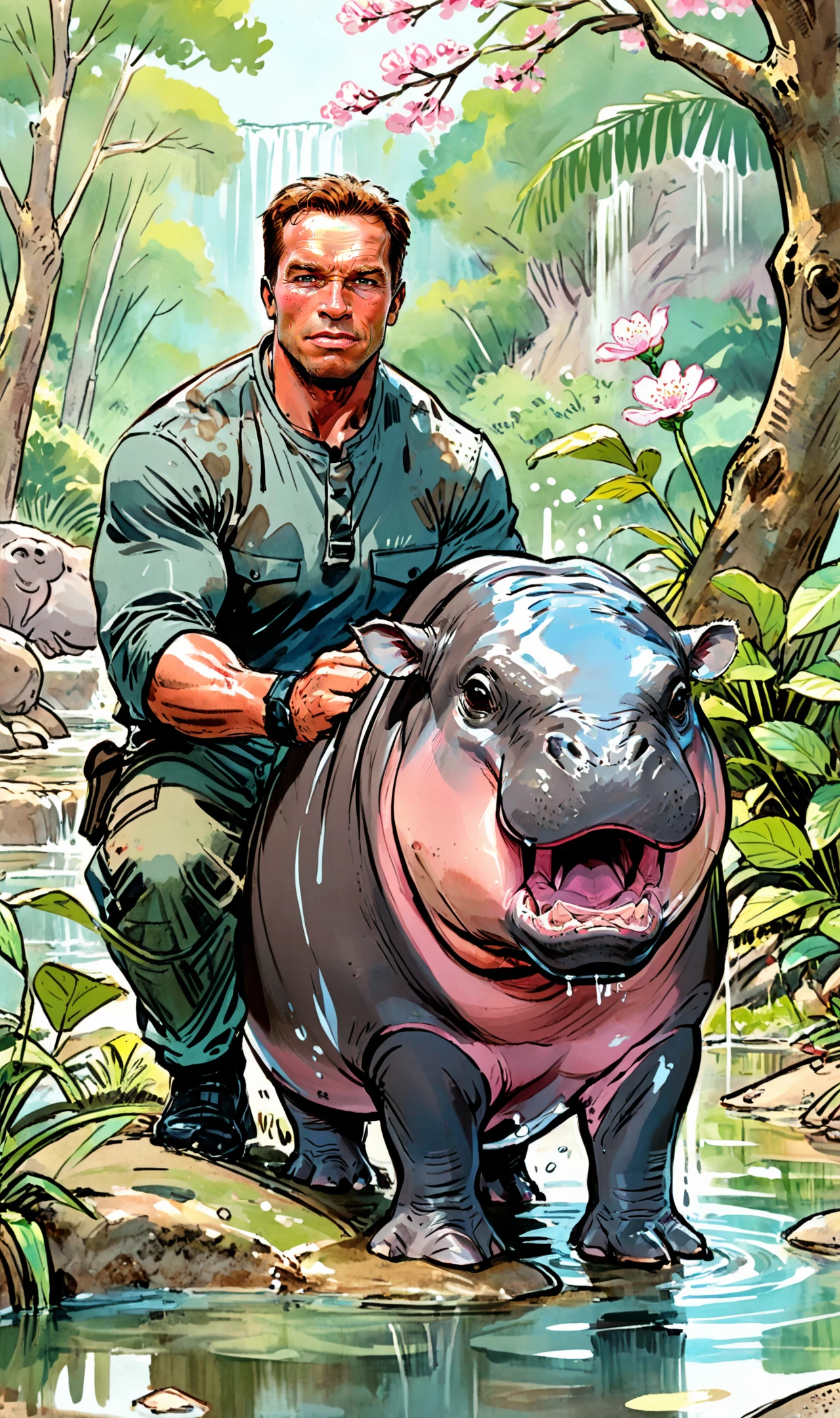 score_9, score_8_up, score_7_up, score_6_up, novel illustration, lineart, cartoon, 
1man, Arnold Schwarzenegge, Arnold Person holding a hippo moodeng in african wild, sittting, pond,<lora:Arnold Schwarzenegger 90s - (Trigger is Arnold Person):1>,  Push your arm muscles, action movie cover,  smile,
(in water:1.4), pond, waterfall, sakura tree, flower garden, on rock, 
<lora:SDXL_BTT_MOODENG_v01:0.7> moodeng,  moodeng open mouth, 
<lora:LCMTurboMix_Euler_A_fix:1>