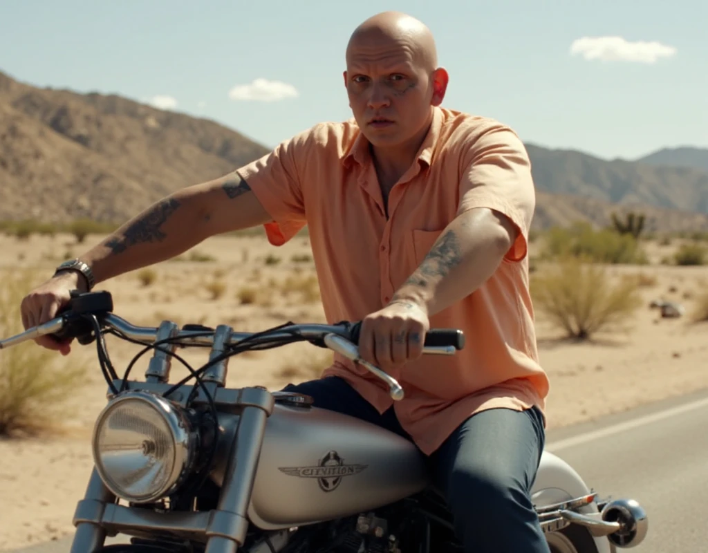 <lora:Noho_Hank:0.9> noho hank, a bald man with tattoo rides a harley davidson in the desert