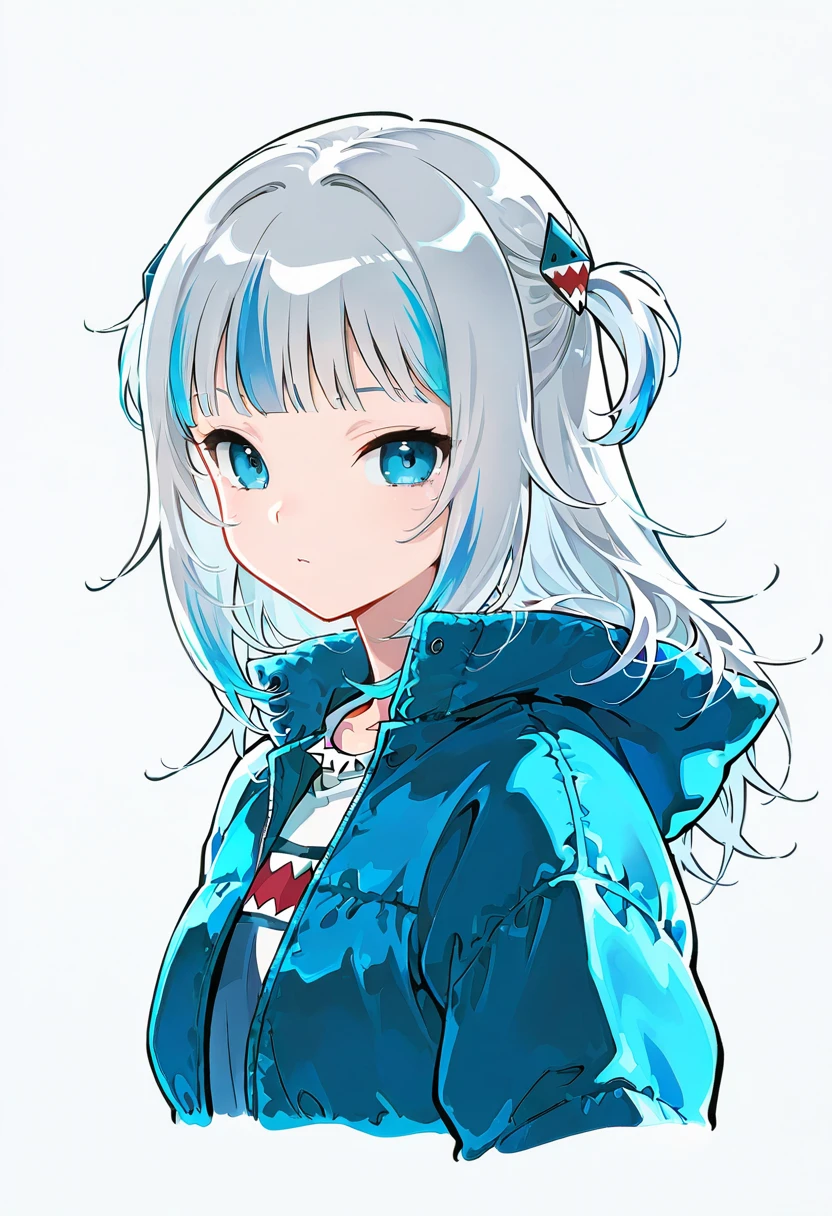 1girl,solo,looking at viewer,ikeda ruriko, puffer jacket, blue jacket,upper body, gawr_gura