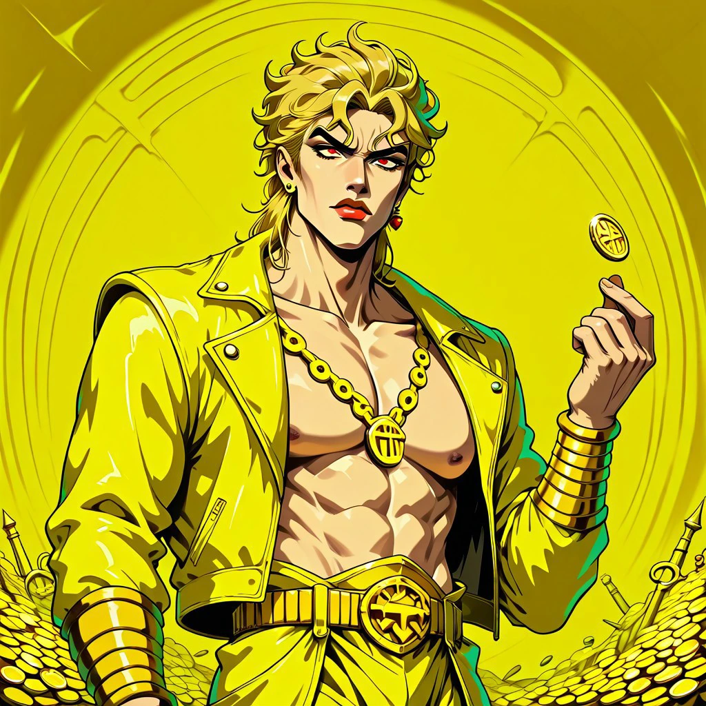 masterpiece, best quality, newest, absurdres, highres, treasury, treasury-background, background, gold tresure, golden coins, coins, gold, tresurę chest, jewelry, dio_brando, jojo_no_kimyou_na_bouken, 1boy, blonde_hair, red_eyes, yellow leather jacket,