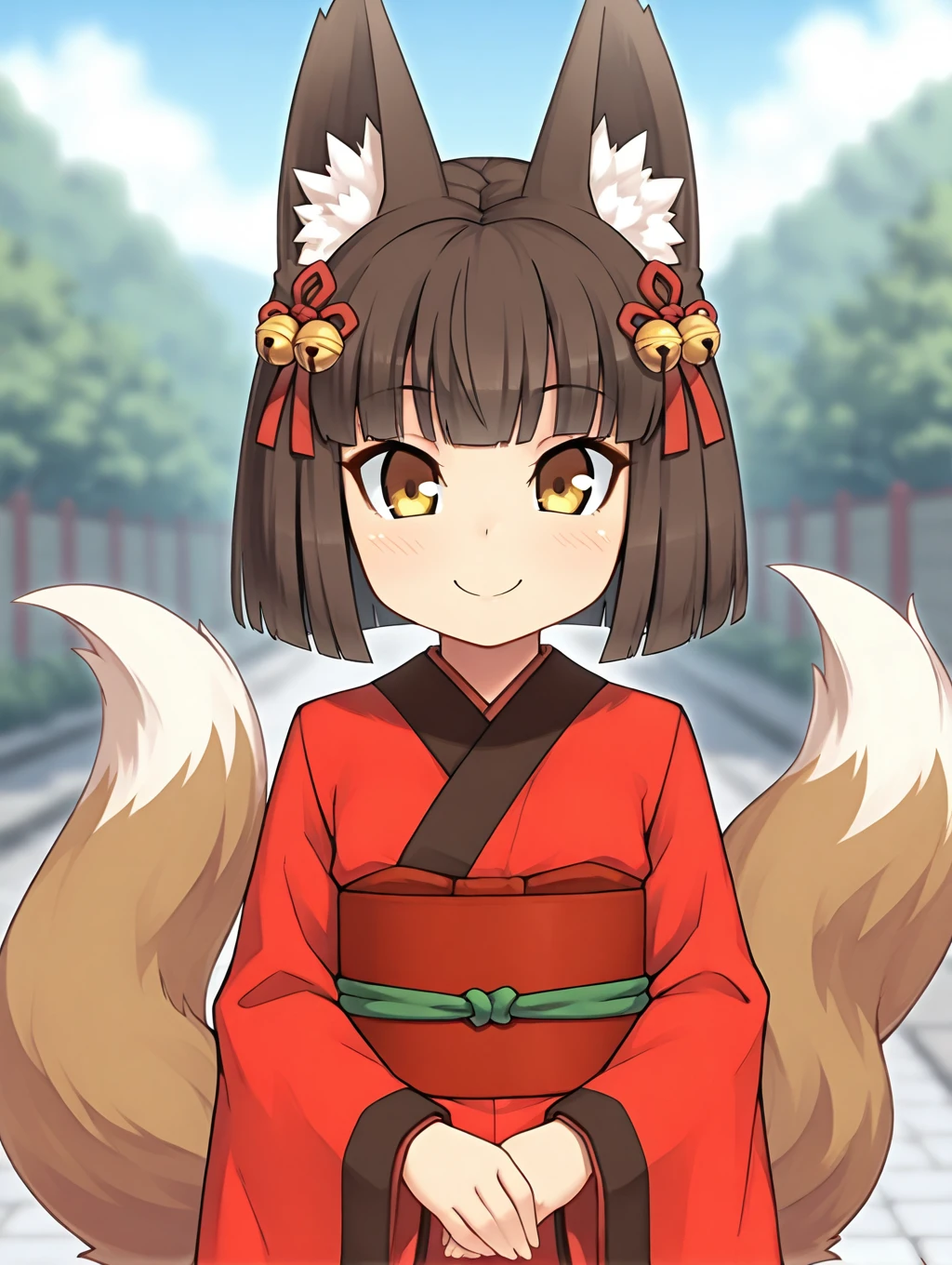 1girl, Kamuro, brown hair, short hair, fox ears, hair accesory, bells on hair, yellow eyes, 2 fox tails, two tails, multiple tails, red kimono, wide sleeves, sash,

smile, standing, looking at viewer,

masterpiece, best quality,amazing quality, very aesthetic, absurdres, depth of field, blurry background, extremely detailed face, detailed eyes