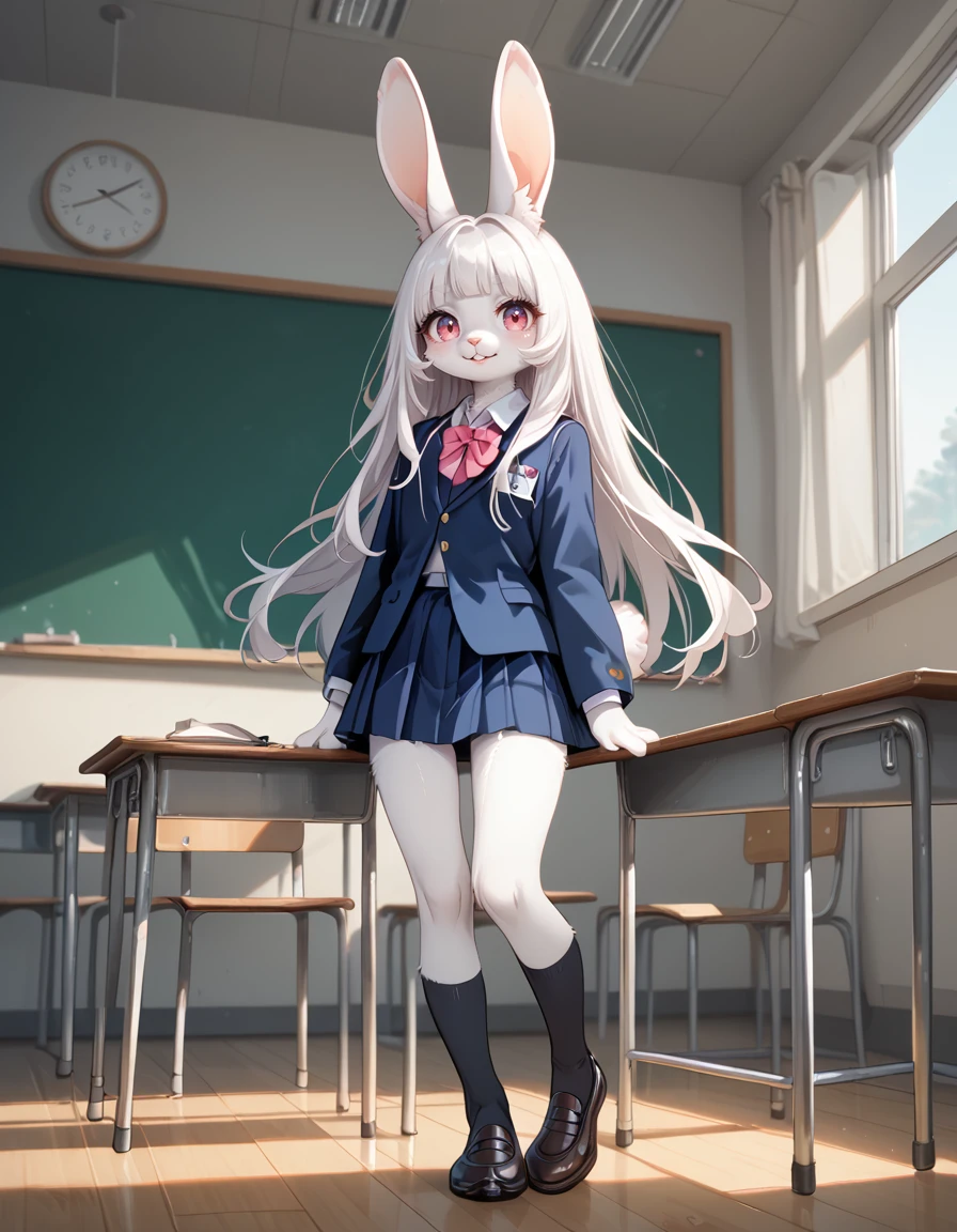 score_9,score_8_up,score_7_up,
indoors,classroom,
full body,smile,parted lips,long eyelashes,standing,
school uniform,black socks,
<lora:Yukyo_v01_PDXL:1>,Yukyio,1girl,solo,furry female,rabbit girl,rabbit ears,animal ear fluff,rabbit tail,white hair,long hair,pink eyes,animal nose,snout,
<lora:add-detail-xl:1>,