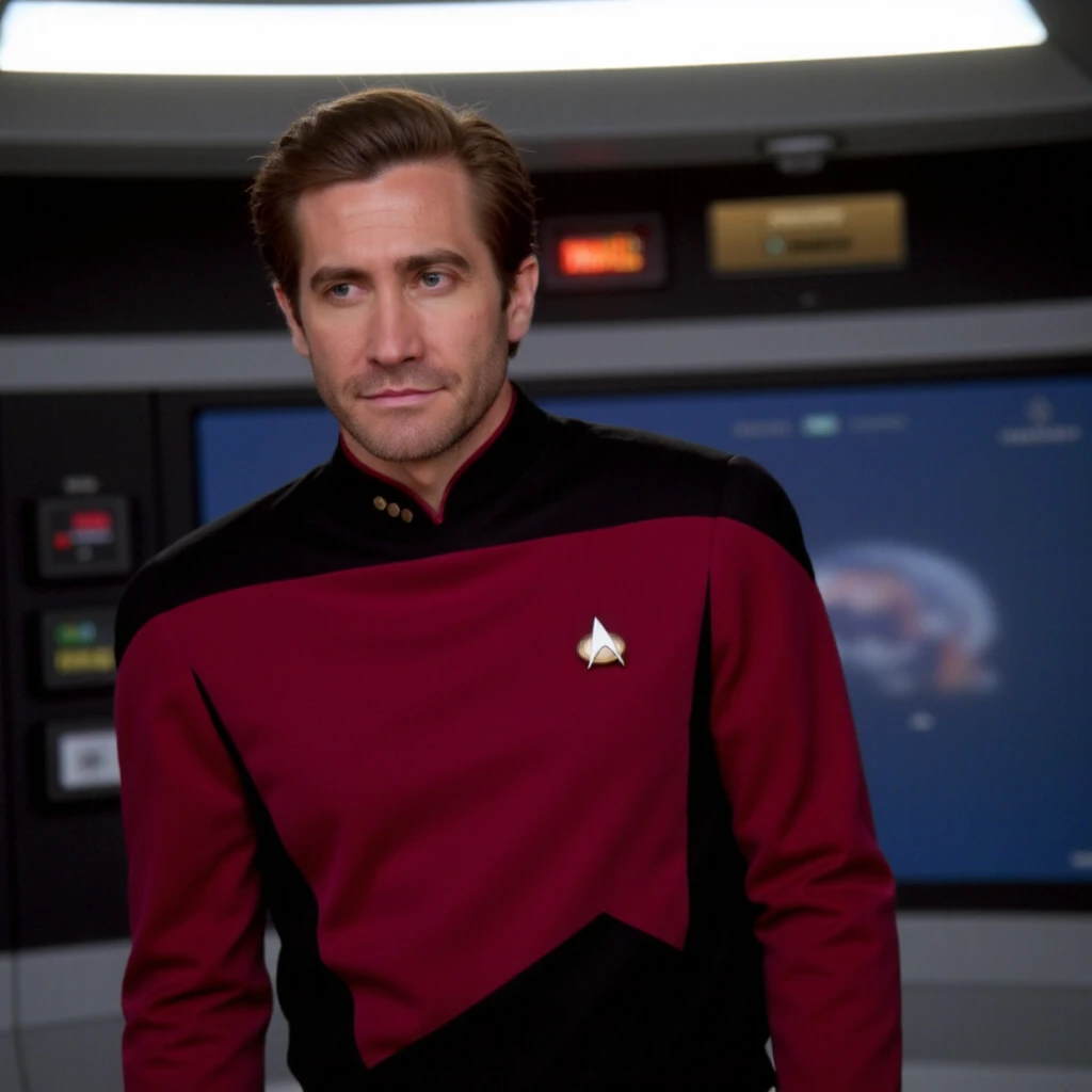 Jake Gyllenhaal as a Starfleet Commander stands at the center of the Enterprise bridge, wearing a red TNG uniform with a gold communicator badge glinting under the bright overhead lights. His expression is calm yet commanding, with piercing eyes focused on the glowing LCARS panels displaying tactical data. The backdrop is the familiar high-tech aesthetic of the Galaxy-class starship bridge, with starfields and a distant nebula visible through the massive forward viewscreen.
