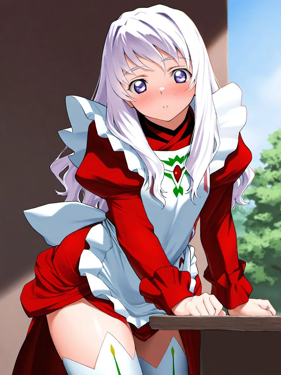 masterpiece, best quality, amazing quality, very aesthetic, high resolution,
manshiro, white hair, violet eyes, long hair, otoko no ko, solo, my-otome, garderobe uniform, dress, red dress, apron, long sleeves, white thighhighs, leaning, outside,
<lora:Ma(n)shiro Blan de Windbloom (male)_epoch_7:0.9>,