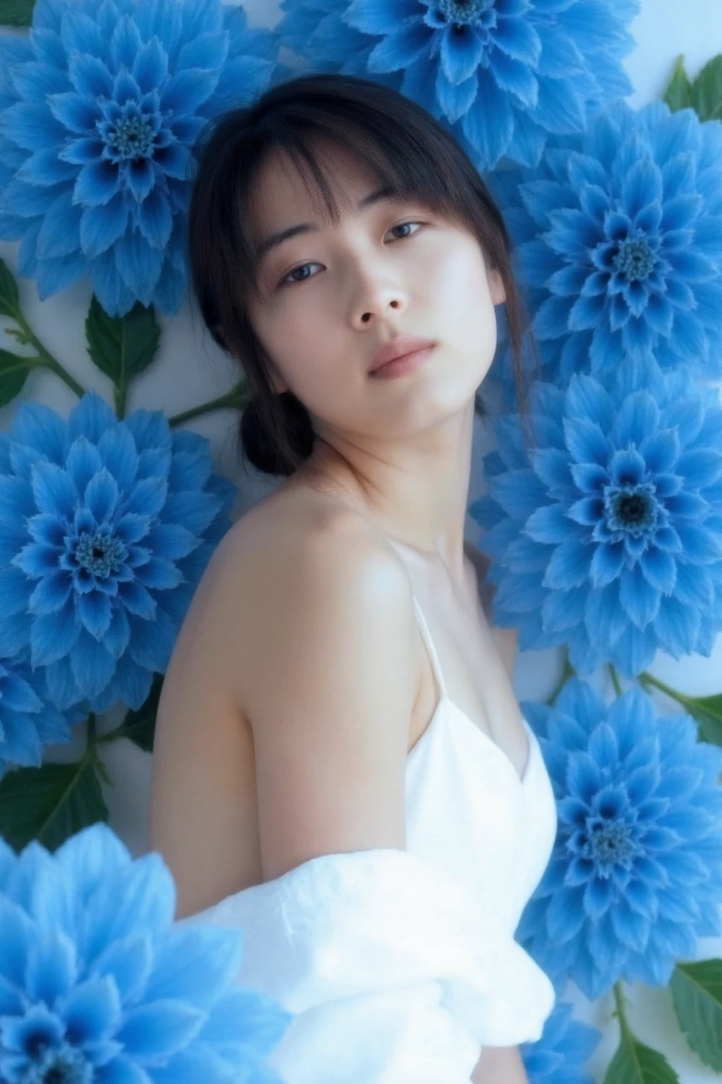 The image showcases a young woman wearing necklace and earrings with pale skin and makeup. She is positioned against a strikingly vibrant blue background, which is filled with large blue flowers. The flowers dominate the composition, adding a dramatic and intense contrast to her skin tone and overall appearance.
The woman is dressed in white gown, which drapes softly over her shoulders, leaving her upper back and one shoulder exposed. Her expression is calm and slightly mysterious, with her gaze directed slightly to the side, away from the camera. The large flowers, some of which overlap with her figure, create a dreamy and surreal atmosphere, as if she is blending into or emerging from the floral background., <lora:flux_realism_lora:1>, <lora:makinaflux_sakaiizumi_v1.0:1>