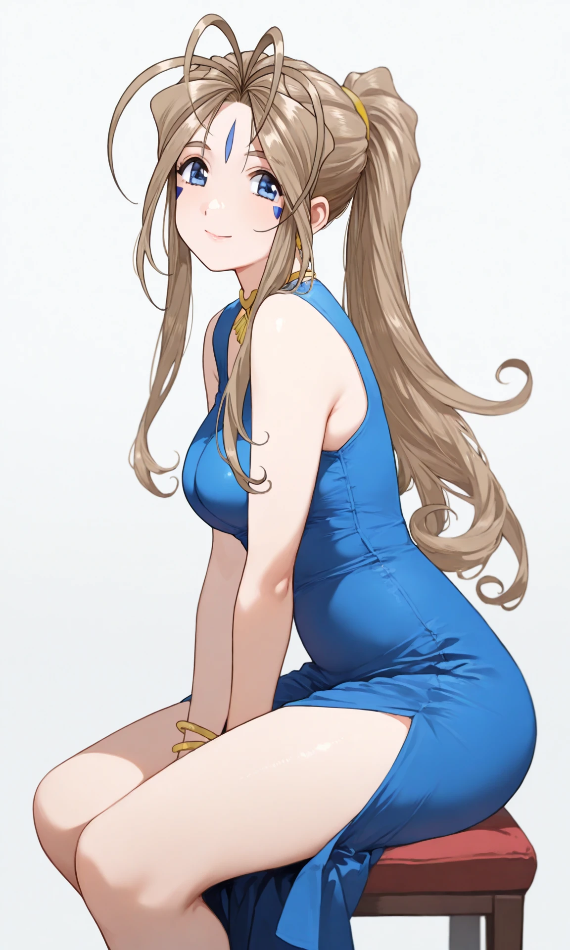 1girl, (Belldandy), smile, dress, medium breasts, blue dress, looking at viewer, sleeveless, sleeveless dress, jewelry, bracelet, tight clothes, sitting on chair, chair, simple background, looking at viewer (high resolution), ((masterpiece)), (best quality), (very aesthetic), aesthetic, illustration