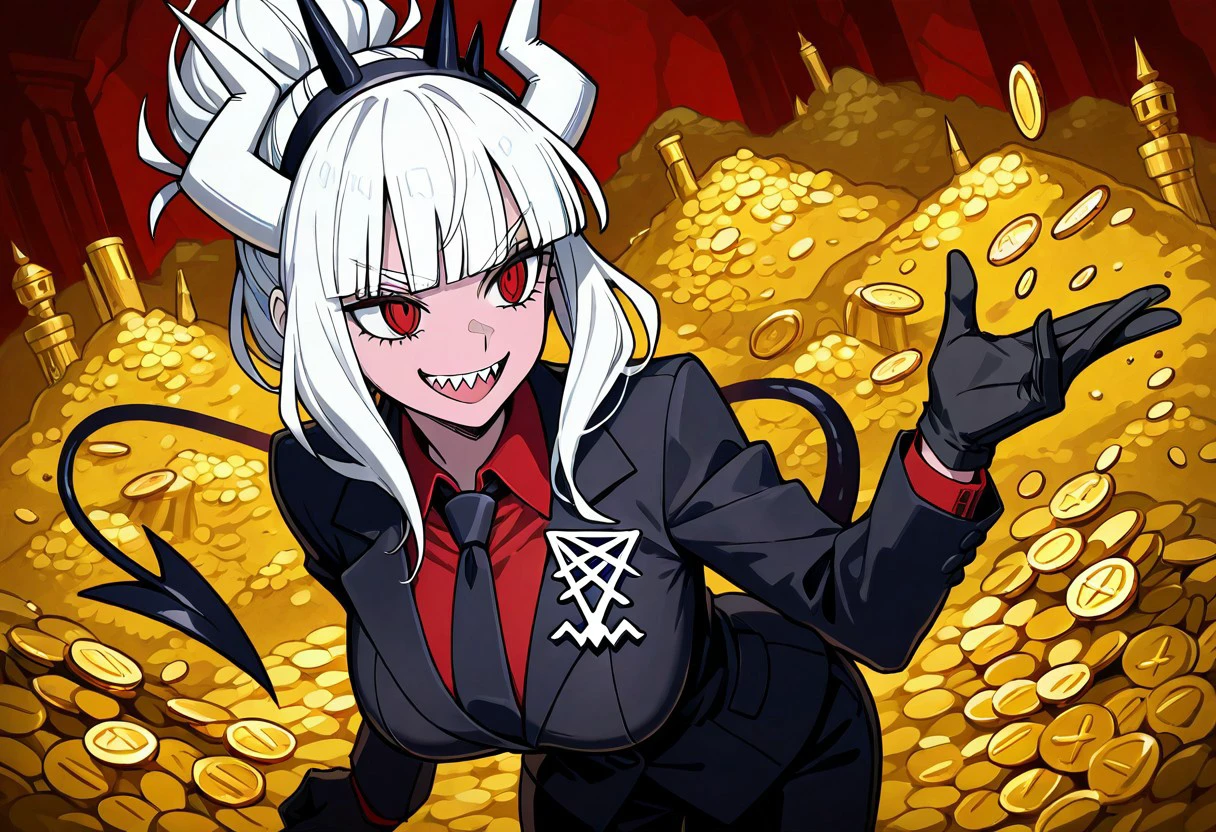 masterpiece, best quality, newest, absurdres, highres, treasury, treasury-background, background, gold tresure, golden coins, coins, gold, tresurę chest, jewelry, 1girl, solo, lucifer \(helltaker\), black suit, red necktie, black collared shirt, black gloves, blunt bangs, demon horns, demon girl, demon tail, sharp teeth, red eyes, white hair, long hair