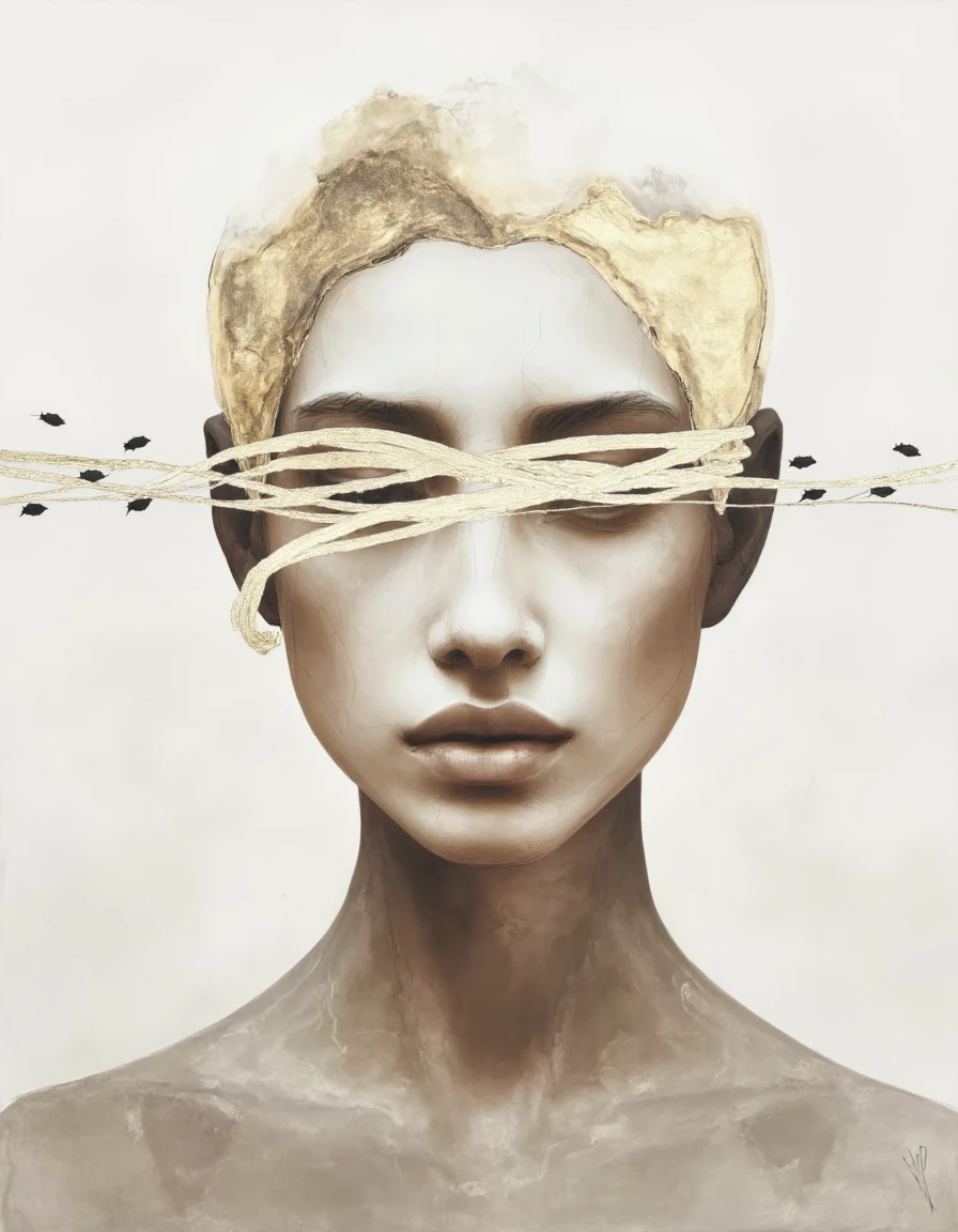 Chris Luha Art. The image is a digital artwork featuring a surreal, abstract depiction of a person's face. The subject's face is rendered in a stylized, almost ethereal manner, with a muted color palette dominated by shades of beige, brown, and white. The skin appears smooth and slightly translucent, with intricate, swirling patterns reminiscent of watercolor or ink washes. <lora:Chris_Luka:1>