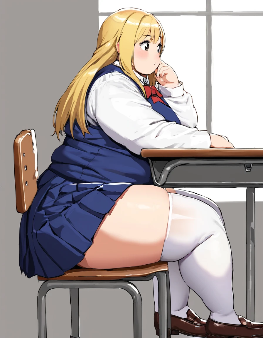 Ponyscores7, expressiveh, perfect face, perfect eyes, detailed face, detailed eyes, dickerchen, 1girl, solo, long hair, skirt, blonde hair, thighhighs, long sleeves, school uniform, full body, white thighhighs, school, sideview, sitting, looking forward, sitting on school chair, writing a notice, daylight, sitting nearby windows, daylight, plump, fat