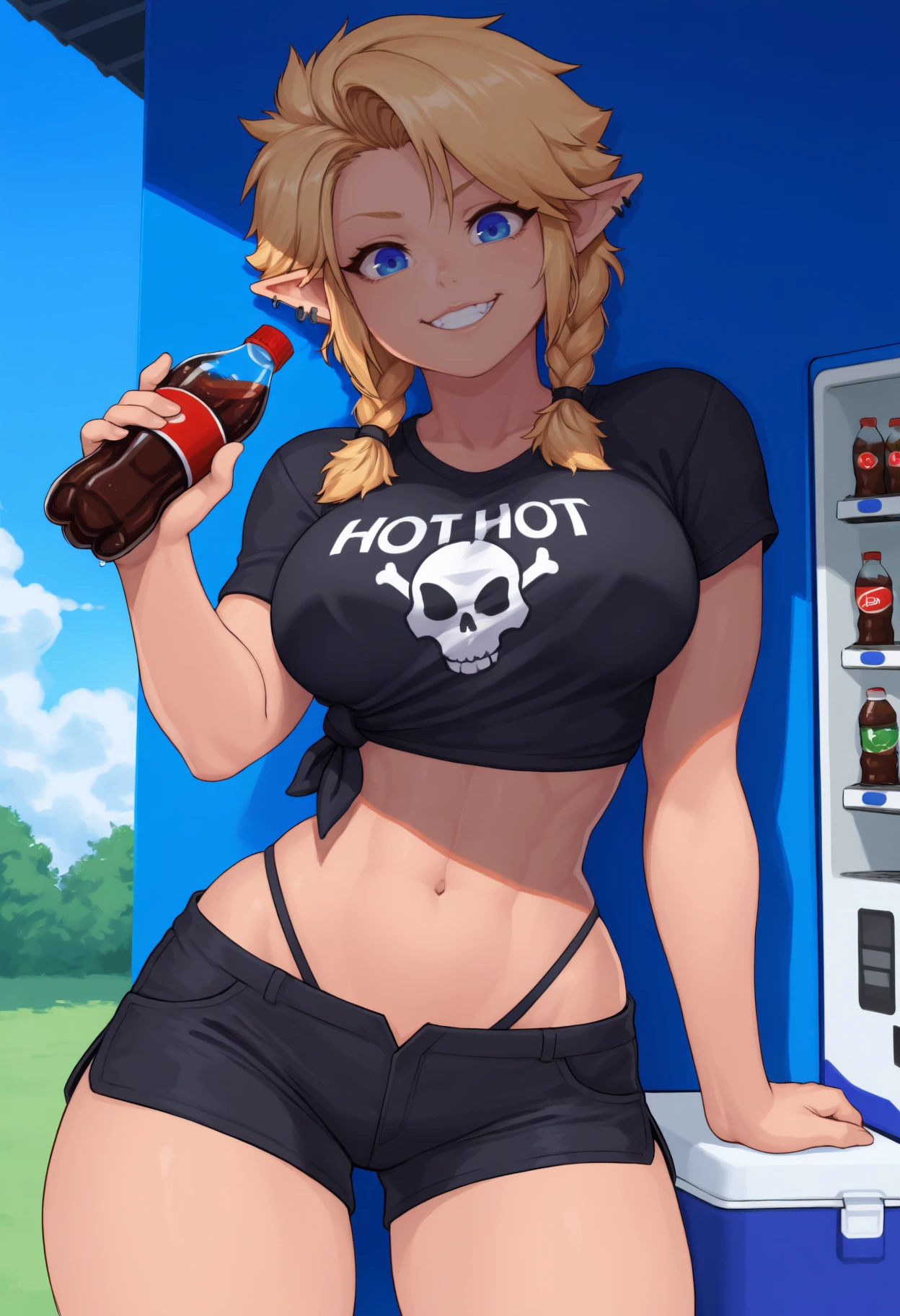 masterpiece, best quality, 1girl, pointy ears, blue eyes, ear piercing, blonde hair, short hair, twin braids, large breasts, fit,
black t-shirt, side-tie shirt, crop top, skull print, print shirt, black highleg panties, black shorts, demin shorts, hot pants,
looking at viewer, smile, teeth, arm support, holding soda bottle, holding pink bottle, standing, text on shirt "hot lewd", shirt text,
outdoors, blue sky, clouds, day, vending machine, cooler, shade, roof shade,
<lora:Sassy-Ronindude-NoobAi-1.1_V1-Manityro-CAME:1.0>