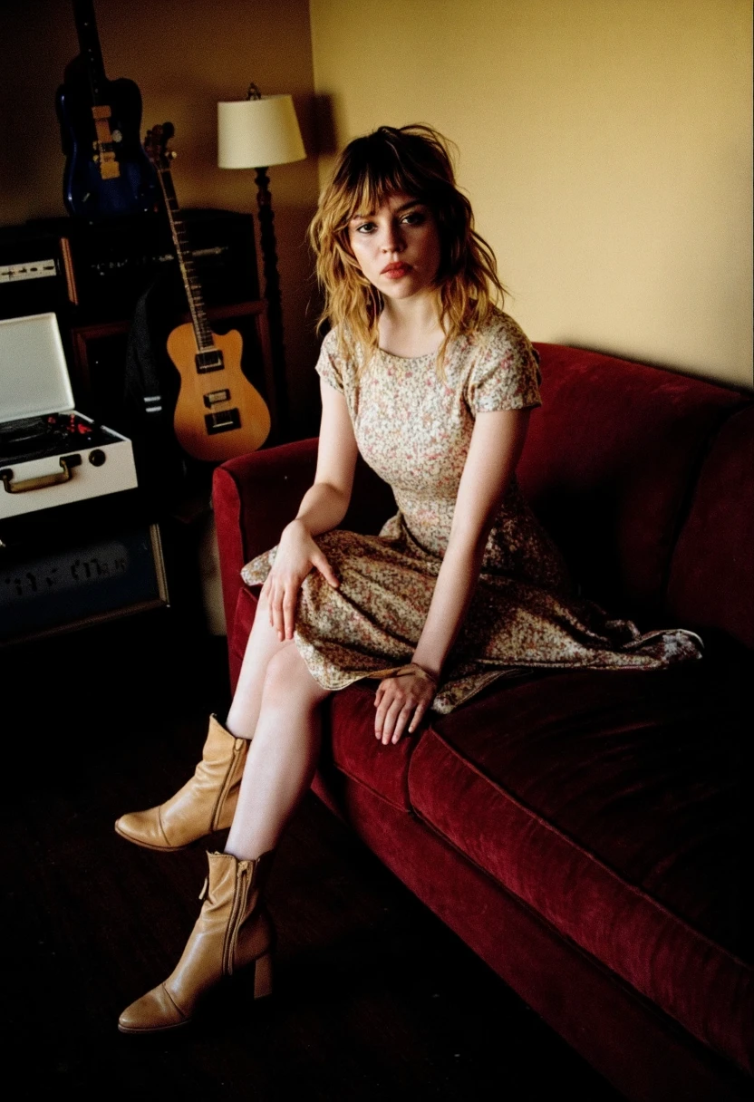 {    "T5": "This high-quality photograph is shot in a warm, golden light, reminiscent of the early 1970s. Sophie Thatcher, a young woman with a pale complexion and a slim physique, is the main subject. She sits on a worn, velvet couch in a dimly lit, smoky room, surrounded by vintage record players, guitars, and vinyl records. Her shoulder-length, messy blonde hair with dark roots is styled in a relaxed, effortless manner, with bangs that partially cover her forehead. She wears a faded, floral-patterned dress with a flowy, bell-shaped skirt, paired with a pair of worn, brown ankle boots. Her pose is relaxed, with one leg bent and her foot tapping gently on the floor, as if she's waiting for someone to join her. The overall mood is laid-back and introspective, with a sense of nostalgia and longing. The camera is a medium-format film camera, using Kodak Portra 400 film, with an aperture of f/2.8 and a shutter speed of 1/125. The room is dimly lit, with a warm, golden glow emanating from a nearby lamp, adding to the intimate, cozy atmosphere.",    "CLIP": ["blonde hair", "floral dress", "record players", "guitars", "vinyl records", "smoky room", "dim lighting", "relaxed pose", "medium-format film camera", "Kodak Portra 400 film", "1970s aesthetic"] }