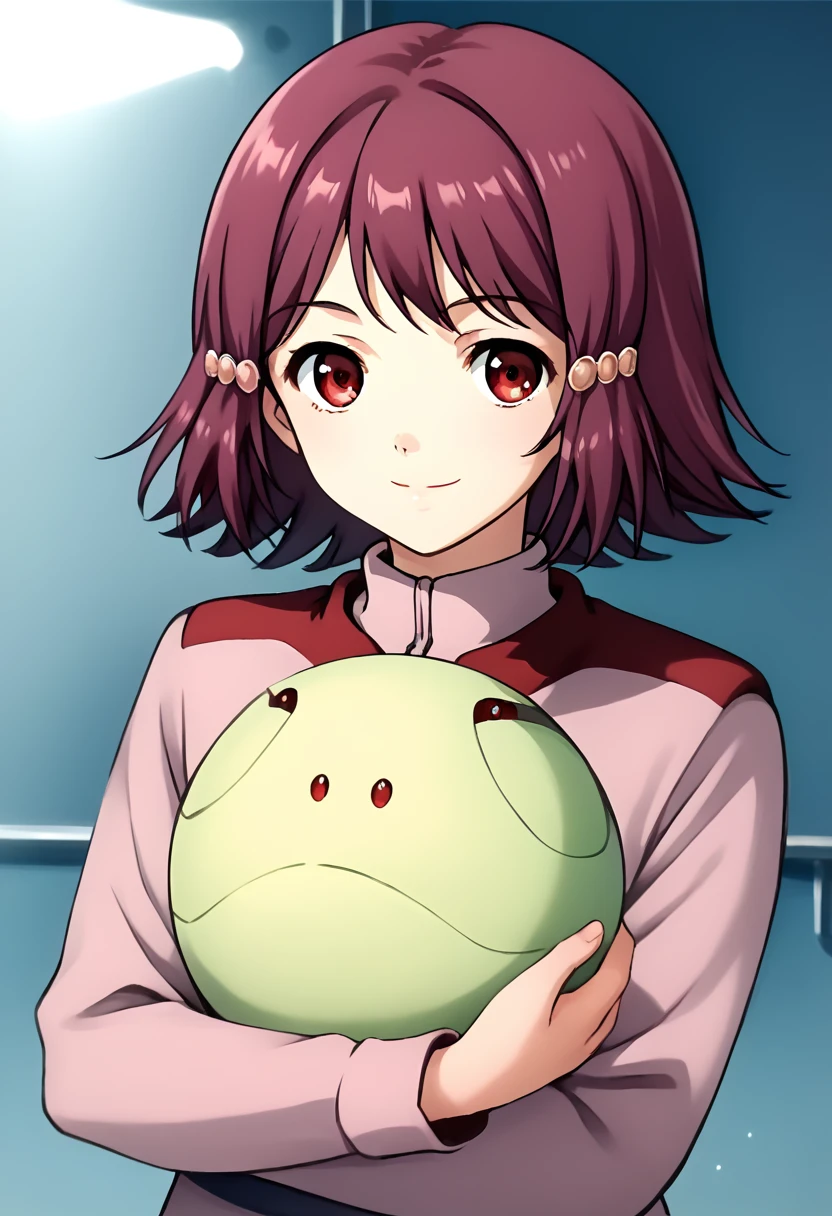 score_9, score_8_up, score_7_up, score_6_up, score_5_up, score_4_up, source_anime, Ellen Rocifer, red eyes, short hair, purple hair, hair ornament, shirts, holding haro, smile