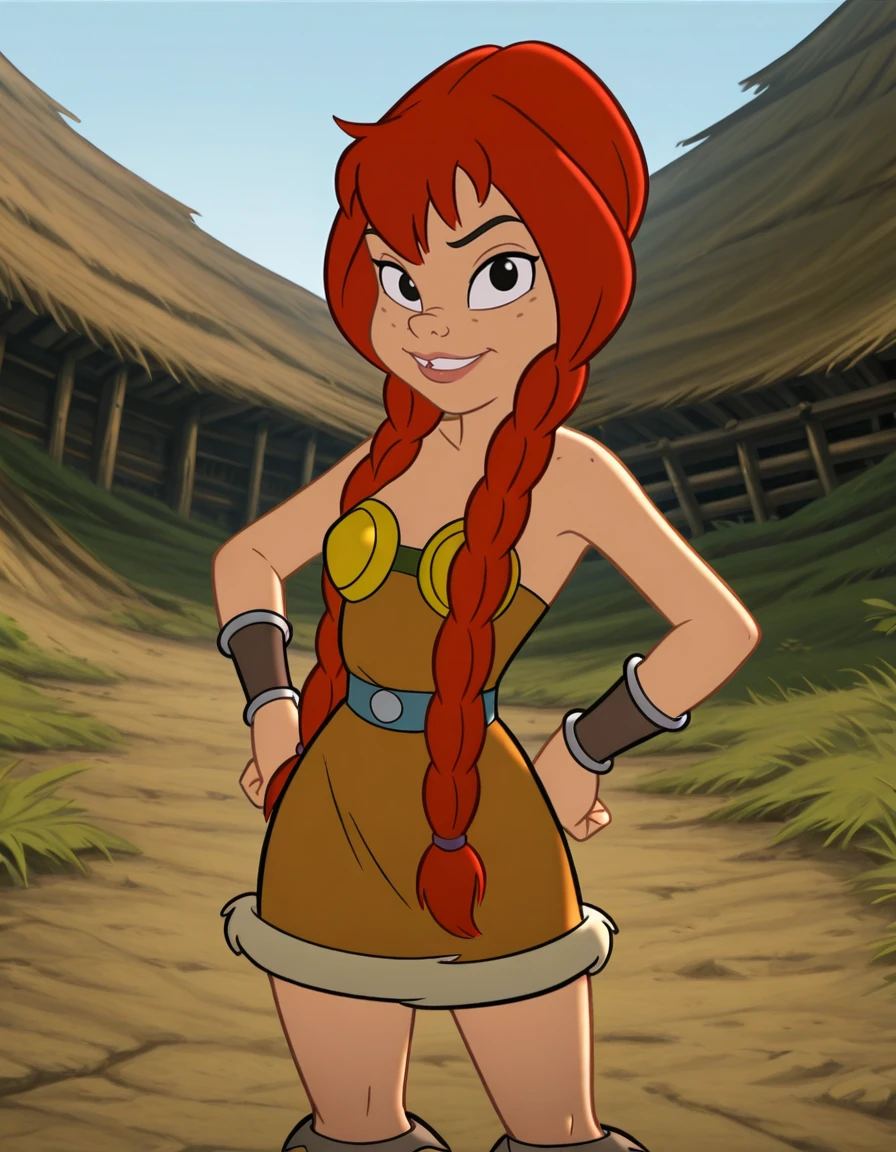 <lora:AbbaIllustrious1.0JLFO:1> abba, 1girl, red hair, long hair, freckles, braid, dress, twin braids, smile,parted lips,black eyes,  outdoors, bracer, boots,, looking at viewer,hand on hip, cowboy shot