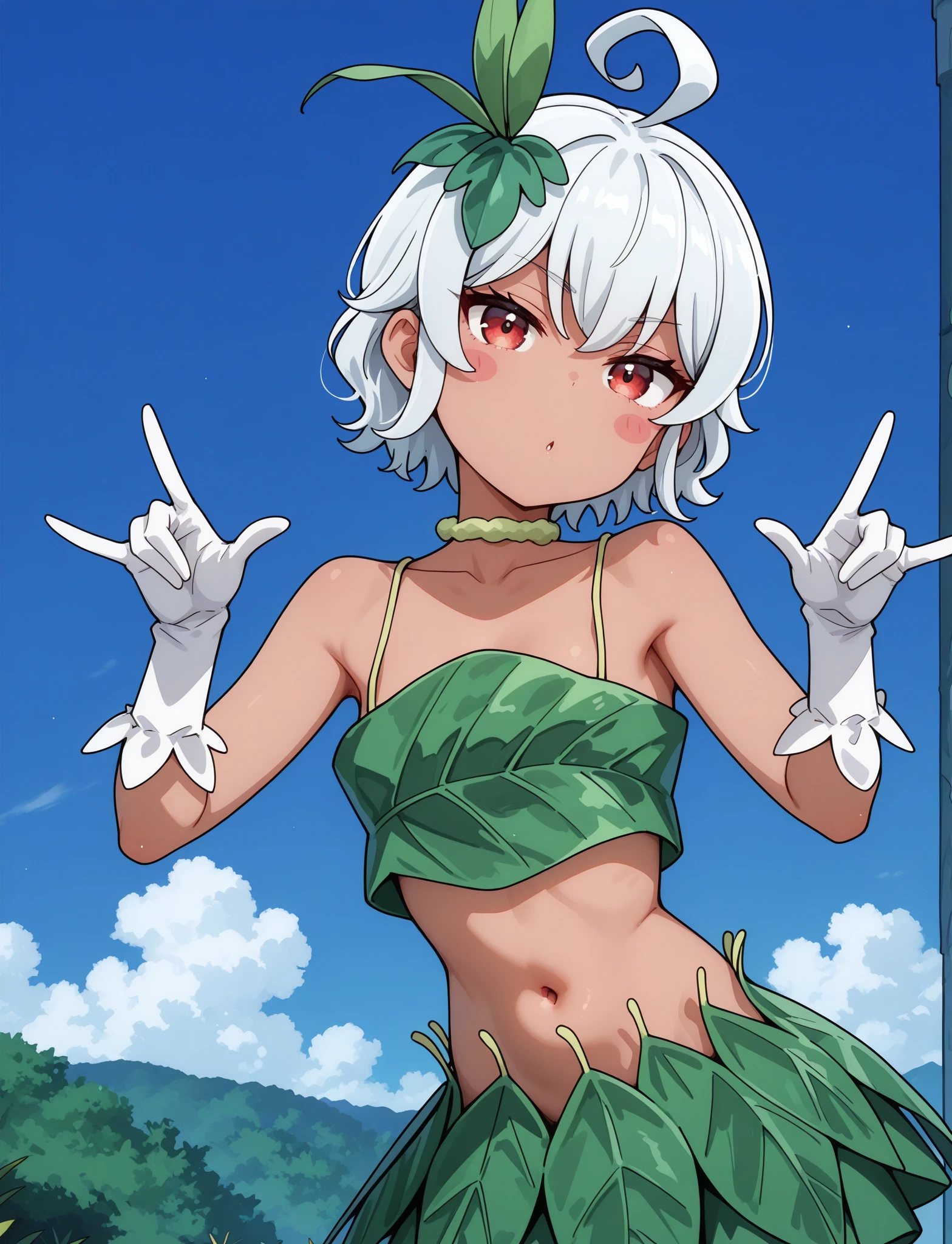 masterpiece, best quality, newest, absurdres, highres, 1girl, solo, <lora:MLF-Eris_ILL_epoch_10:1> eris-mlf, red eyes, blush stickers, short hair, ahoge, dark-skinned female, white hair, looking at viewer, 
eris-leaf-outfit, leaf, white gloves, bare shoulders, navel, collarbone, 
outdoors, blue sky, cowboy shot, \m/, hands up,