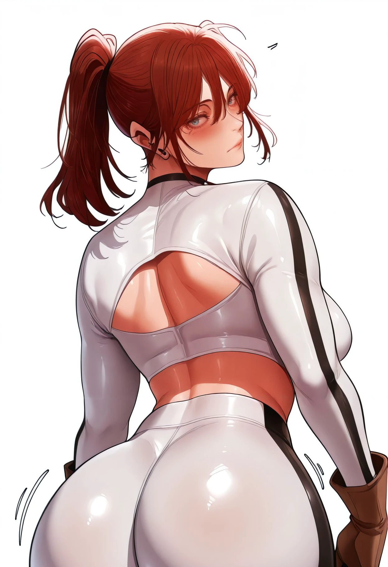 masterpiece, newest, absurdres, best quality, hires,  <lora:milf_hunter_manhwa_ILXL_goofy:1>1girl, ass, brown gloves, white background, looking at viewer, ponytail, simple background, tight pants, skin tight, crop top, tight clothes, midriff, from behind, looking back, sidelocks, closed mouth, lips, long sleeves, hair between eyes, mole, earrings, blush, cowboy shot, shrug (clothing), black pants, yoga pants, shiny clothes, cropped shirt