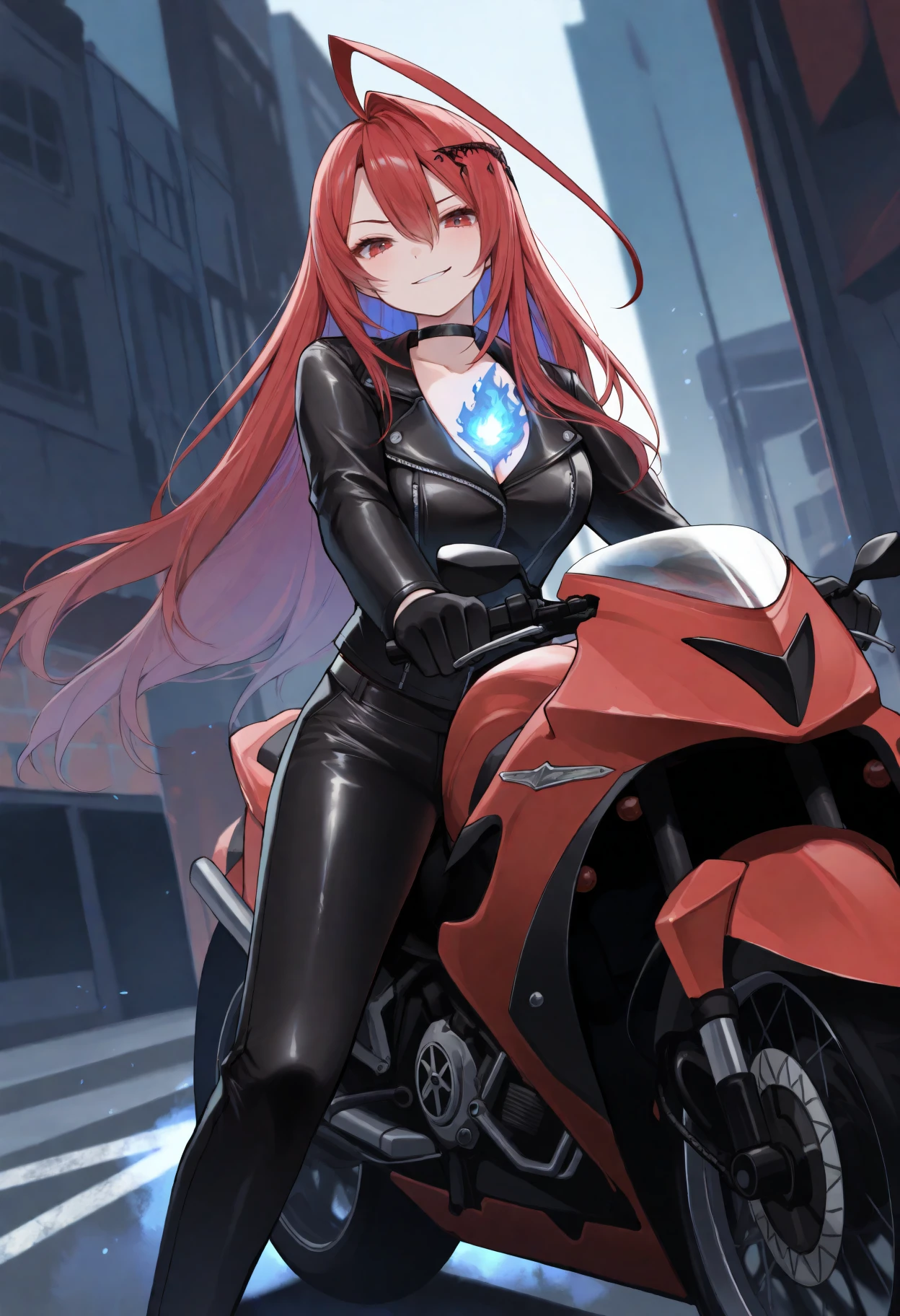 masterpiece, best quality, 1girl, solo, ElizabethRB, red eyes, red hair, colored inner hair, long hair, huge ahoge, hair ornament, blue fire, fire on chest, black jacket, leather jacket, black choker, black pants, leather pants, black gloves, long sleeves, biker, riding, on motorcycle, motorcycle, outdoors, street, three quarter view, dutch angle, looking at viewer, looking down, smirk, <lora:ChamElizabethRoseBloodflameIllustriousXL:1>