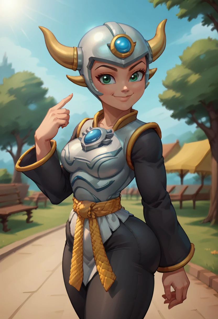 park neighborhood, park background, day, day time, 2d, 1girl, masterpiece, best quality, extreme detail, hourglass figure, wide hips, round boobs, medium breasts, mature female, 2d, 1girl, solo, Skylanders, Aurora, green eyes, helmet, headgear, horns, white top, yellow belt, tied belt, long sleeves, black sleeves, loose sleeves, black pants, bare hands, chest jewel, forehead jewel, gold trim, 
close up, happy expression, smile, side view, looking at viewer, closed mouth, bubble butt