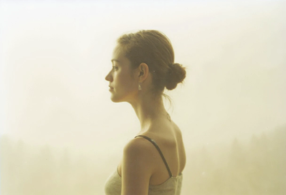 an aesthetic, minimalist depiction of a female profile in side view. The focus is on the soft contours and calm, monochromatic tones. The scene feels mystical and dreamy, almost as if viewed through a delicate mist, with gentle light accentuating the silhouette. The background is diffuse and creamy white, drawing attention to the elegant simplicity of the figure.