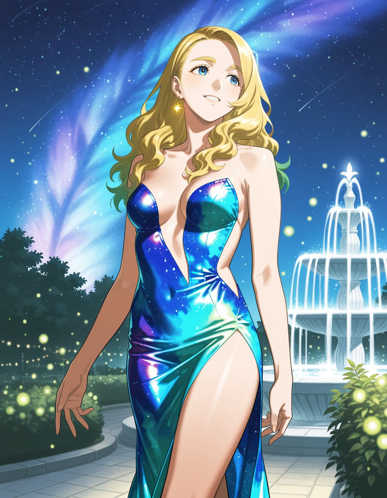 (kozaki yuusuke:0.7) 1girl, solo, quetzalcoatl \(samba santa\) standing cowboy shot, medium breasts,  wearing blue iridescent lava print dress, strapless, side slit, high heels, plunging neckline, outdoors, garden, fountain, starry sky, fireflies, fairy lights, <lora:Outfit_soph-LavaDress-ILXL:0.9>