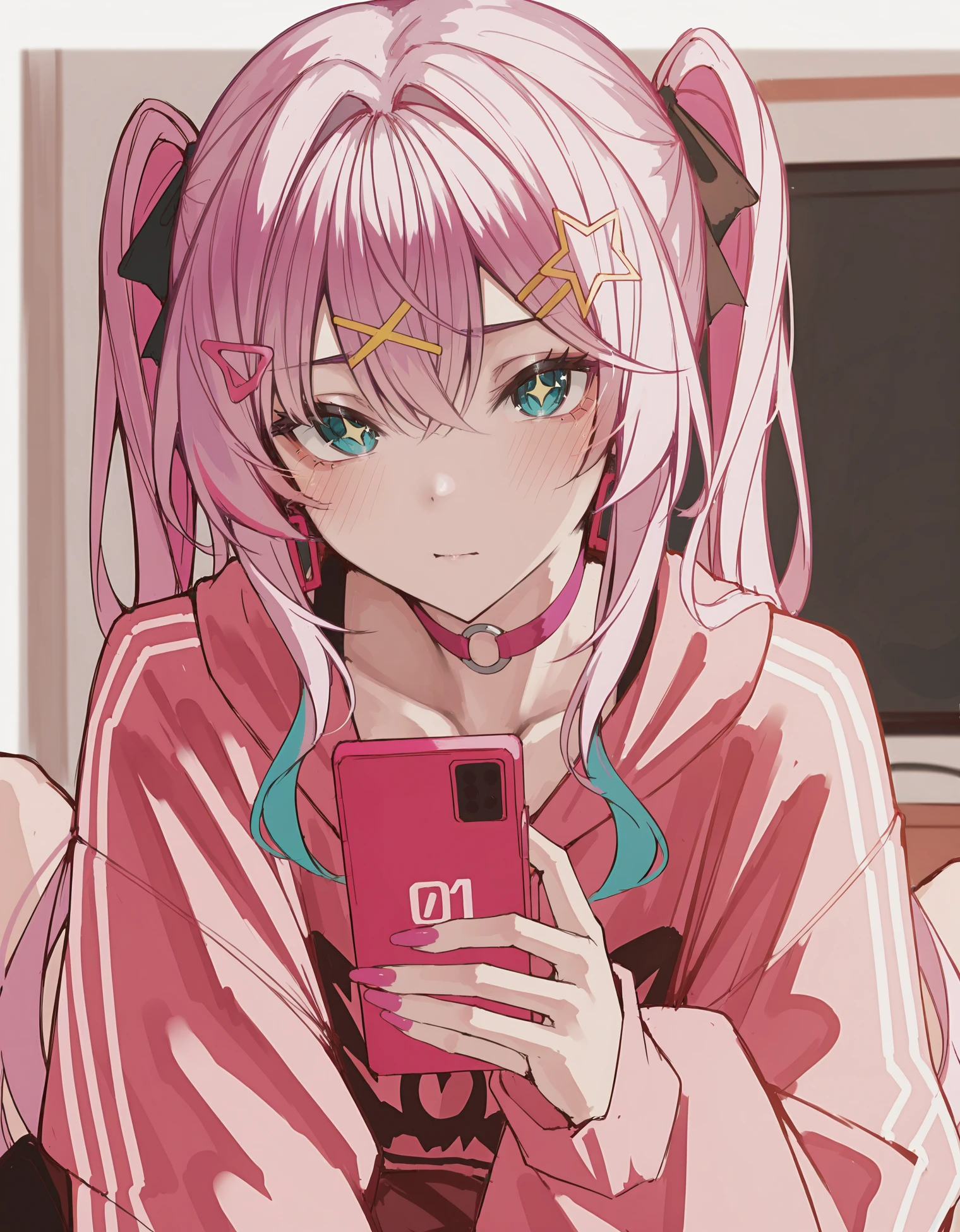 masterpiece, best quality, naokomama, 1girl, hatsune miku, vocaloid, baggy hoodie, long shirt, long sleeves, loose sleeves, clothing logo, logo designs, pink bandaids, star hairclip, pink choker, star pupils, eye highlights, pink nails, pink cellphone, pink earrings, multicolored hair, pink highlights, dynamic pose, blush <lora:L_IL_ArtistNaokomama:1>