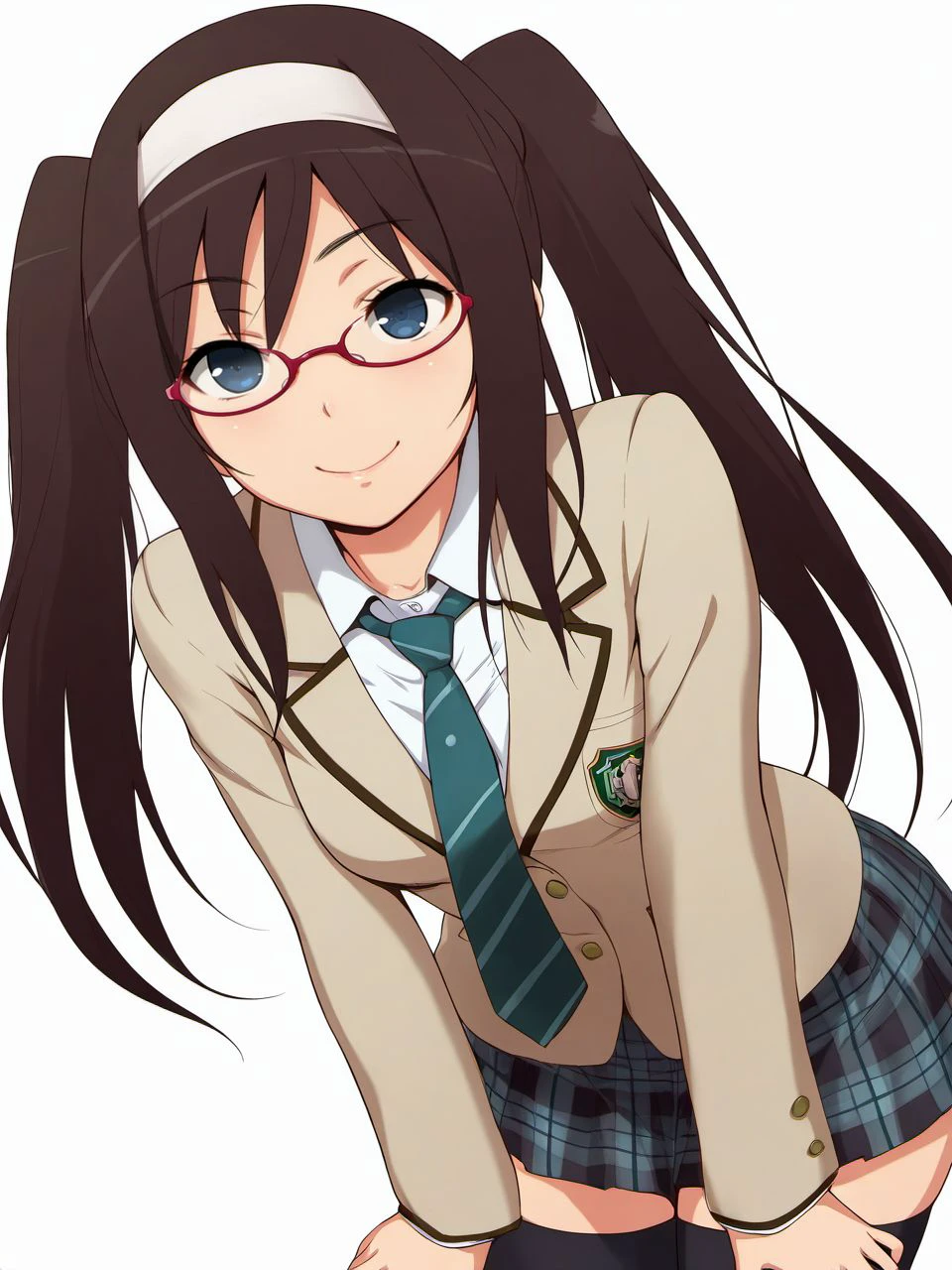 masterpiece, best quality, amazing quality, very aesthetic, high resolution,
ha1ru, 1girl, solo, glasses, thighhighs, necktie, skirt, brown hair, plaid, plaid skirt, hairband, school uniform, long hair, blue eyes, twintails, smile, black thighhighs, zettai ryouiki, simple background, white background, 
<lora:hairu_style_v2_epoch_7:0.9>,