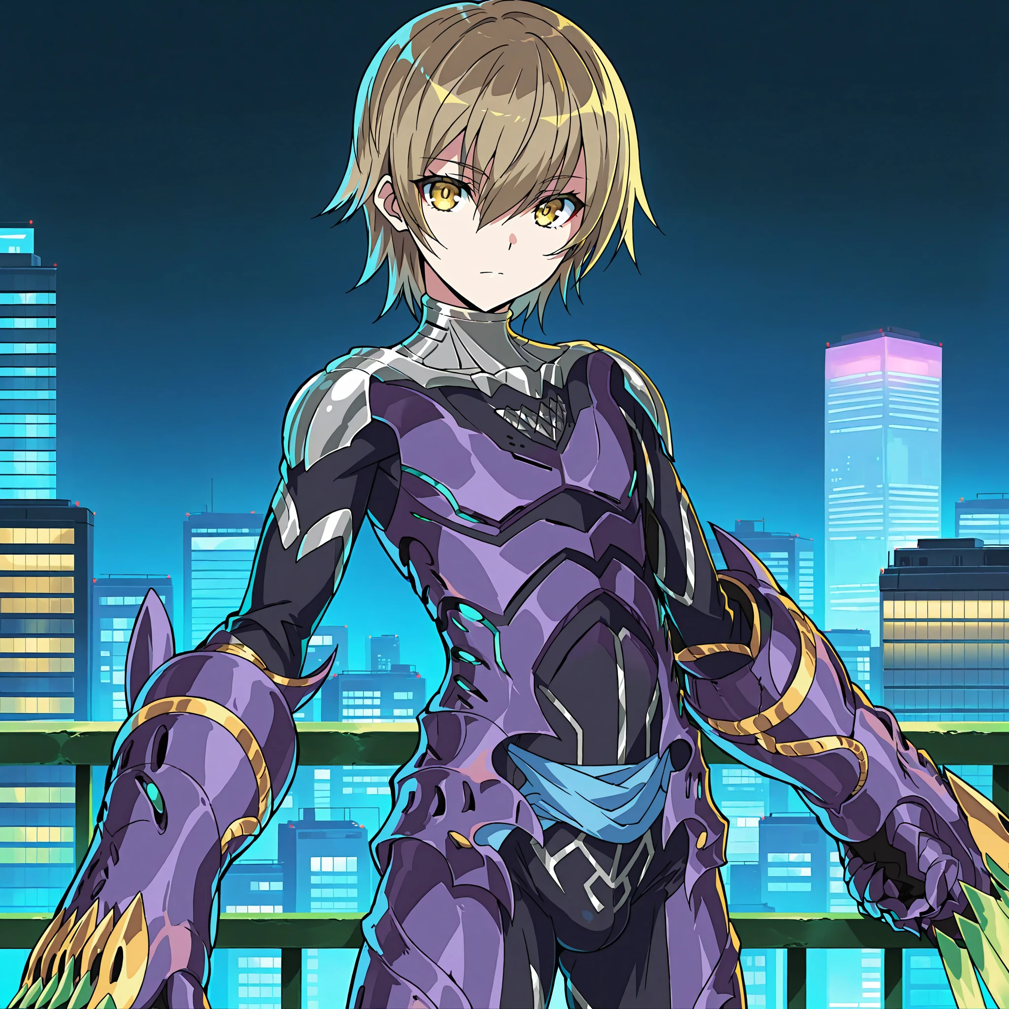 masterpiece,best quality,(anime style,anime screencap:1.2),1boy,solo,otoko no ko,KurokiShizuku,purple armor,black bodysuit,hair between eyes,breastplate,eyebrows visible through hair,silver collarbone armor,blonde hair,short hair,yellow eyes,(blue waist tie:1.2),turtleneck,(muscular:1.2),<lora:KurokiShizuku_ILnw64:0.9> BREAK
cowboy_shot,looking at viewer,(bulge:1.1),neon city balcony,extra gauntlet green weapon,