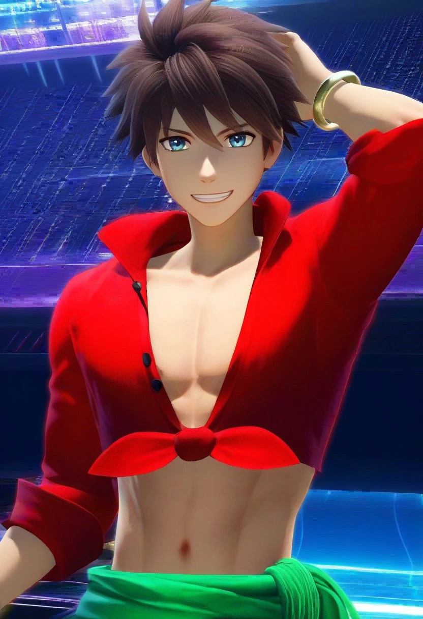 ((masterpiece)), ((best quality)), ((ultra-detailed)), ((absurdres)), score_9_up, score_8_up, score_7_up,
HD, top quality, best quality, amazing quality, High-quality illustrations, anime screencap, source_anime, best aesthetic, perfect proportions, perfect eyes, 1boy, 1male, solo boy, solo male, male focus, solo male focus, Anime, boy, male anime character, anime boy, handsome, cute, charming, sexy, good-looking, ((lean body, toned body, slim body)), ((tall body, tall height)), Bartz Klauser Dancer, brown hair, blue eyes, ((happy, smile, jolly)), red shirt, tied shirt, unbuttoned shirt, midriff, rolled sleeves, bracelets, ((green hip sash)), black pants, ((head to feet shot, head to hips shot)), ((dancing, intense choreography, energetic dance moves)), ((disco club, disco lights)), easynegative, updn, Expressiveh, masterpiece, best quality, very aesthetic, absurdres