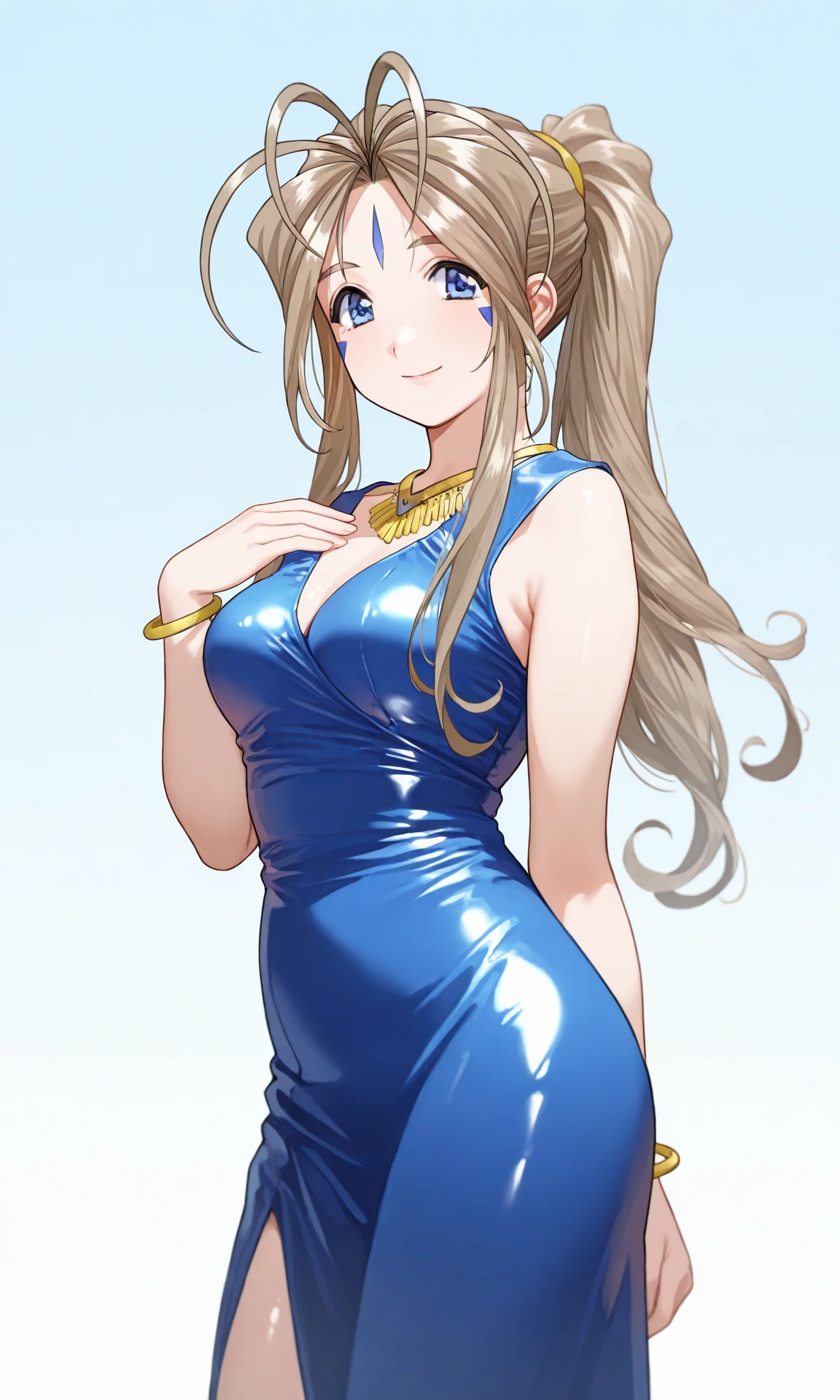 1girl, (Belldandy), smile, dress, medium breasts, blue dress, looking at viewer, shiny clothes, simple background, sleeveless, sleeveless dress, jewelry, bracelet, cowboy shot, (high resolution), ((masterpiece)), (best quality), (very aesthetic), aesthetic, illustration