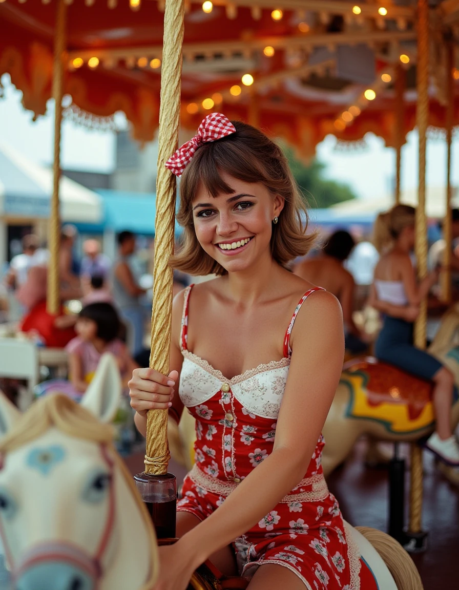 riding a carousel at the fair in a carnival outfit <lora:sally-field-flux:1>