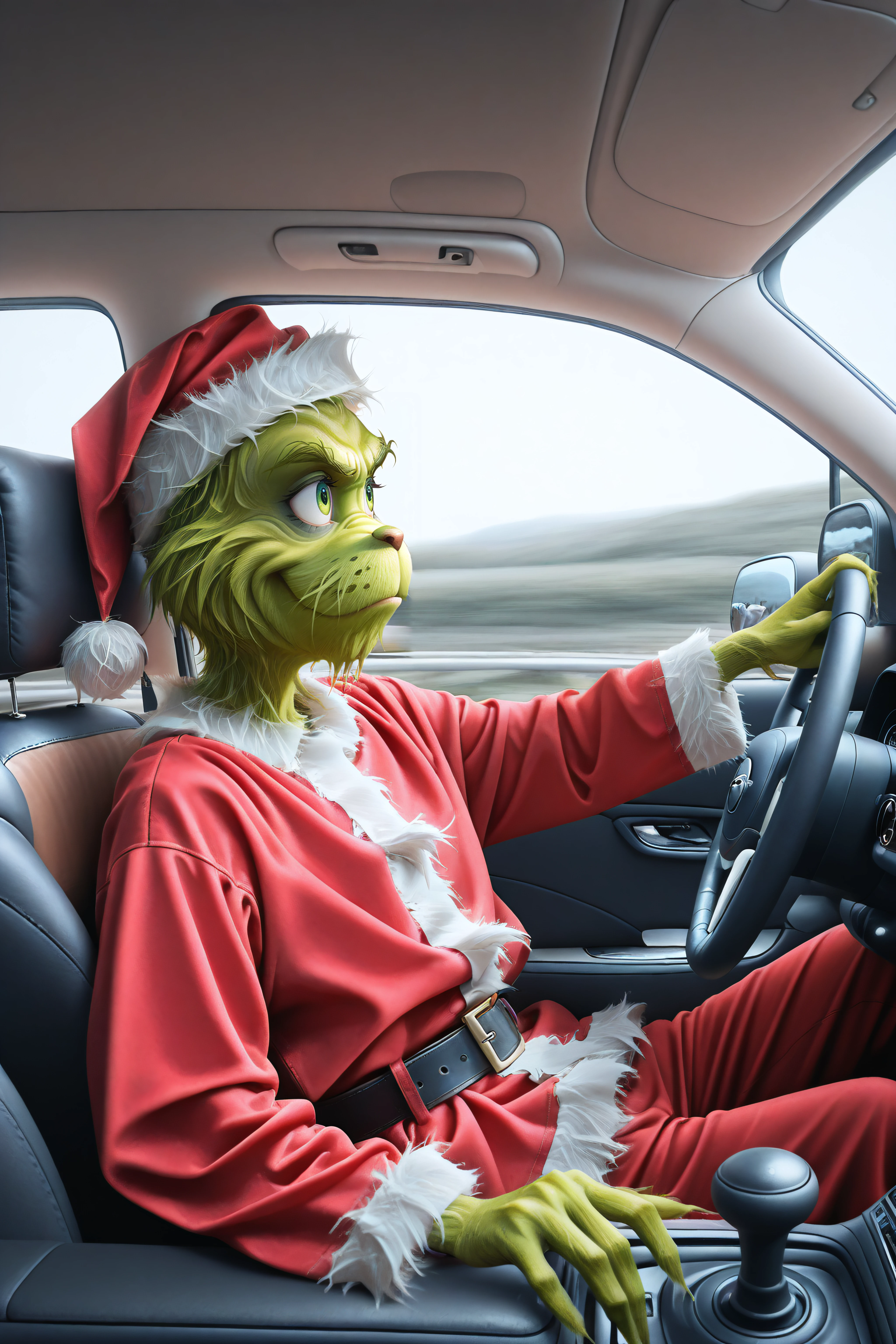 masterpiece, best quality, <lora:The Grinch v1.5-Illustrious-lora-Faxtron:1> the grinch, green eyes, santa hat, santa costume, belt, <lora:Driving:1> dr1v3, car interior, steering wheel, driving, sitting,