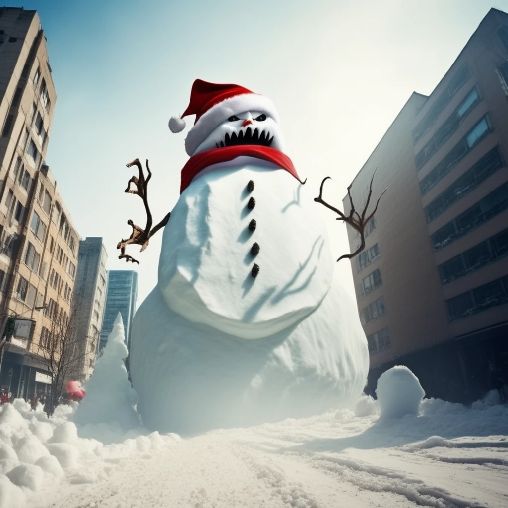 <lora:Grim_Snowmen:1> gr1msn0w, sinister gigantic,huge, enormous snowman monster, santa hat, destroying the city, hitting a building, people running for their lives,