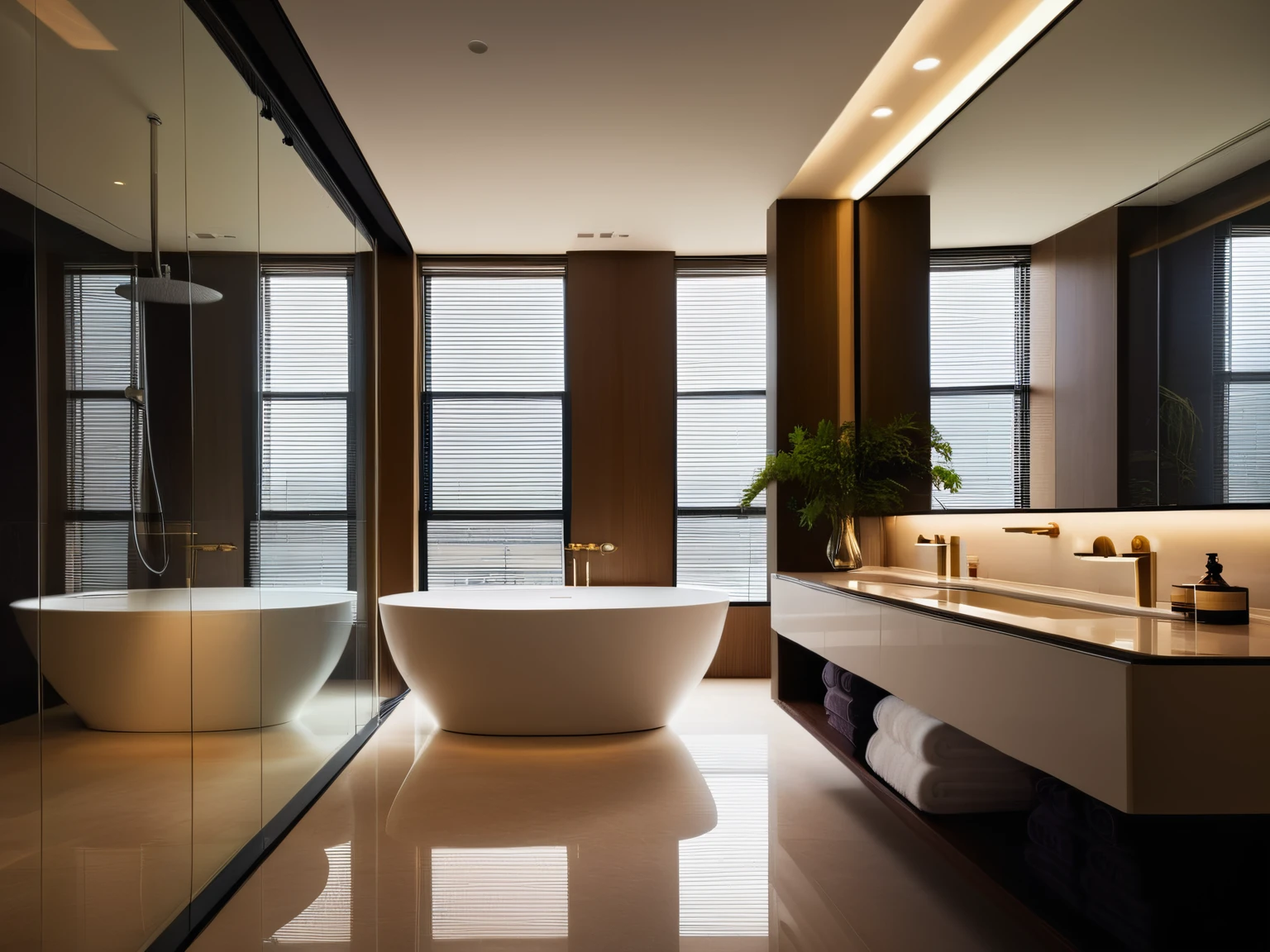 <lora:JJsBathroom_XL:1> ((Bathroom)), ((best quality)),((masterpiece)),((realistic)),  photorealistic,  authentic, soft lighting, ,indoor scenery, reflection , lamp, table, plant, window , wall, faucet, shower, bathtub,, architecture photography, striking structures, clean lines, geometric shapes, dramatic angles, play of light and shadow, capturing architectural details, showcasing design elements, evoking mood, professional lighting, precise compositions, emphasizing scale and proportion, creating depth, architectural storytelling, capturing iconic landmarks, immersive experience