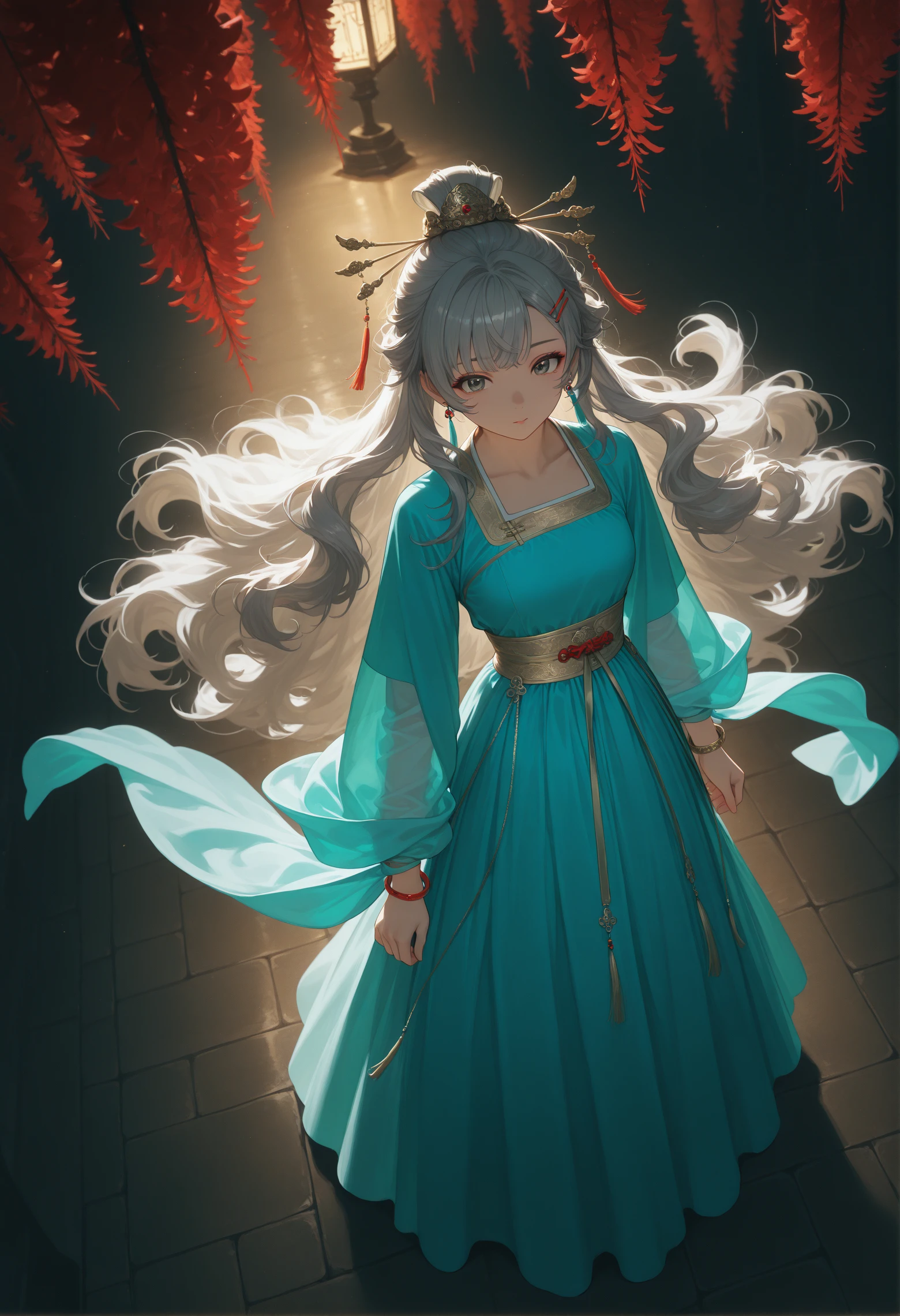 from_above,dramatic lighting,cold colors,1girl,Gray hair,air bangs,very long hair,thick hair,fluffy hair,Chinese clothing,very long dresses,hair accessories,hairpins,loose sleeves,long sleeves,bracelets,earrings,Hanfu,fine costumes,fine textures,girl standing beside the peach tree in a daze,flapping her hair,