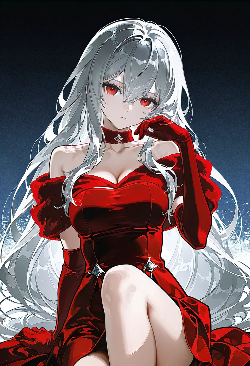 1girl,solo,looking at viewer,ikeda ruriko,velvet dress, elbow gloves, bare shoulders, red dress, red gloves, skadi_(arknights)