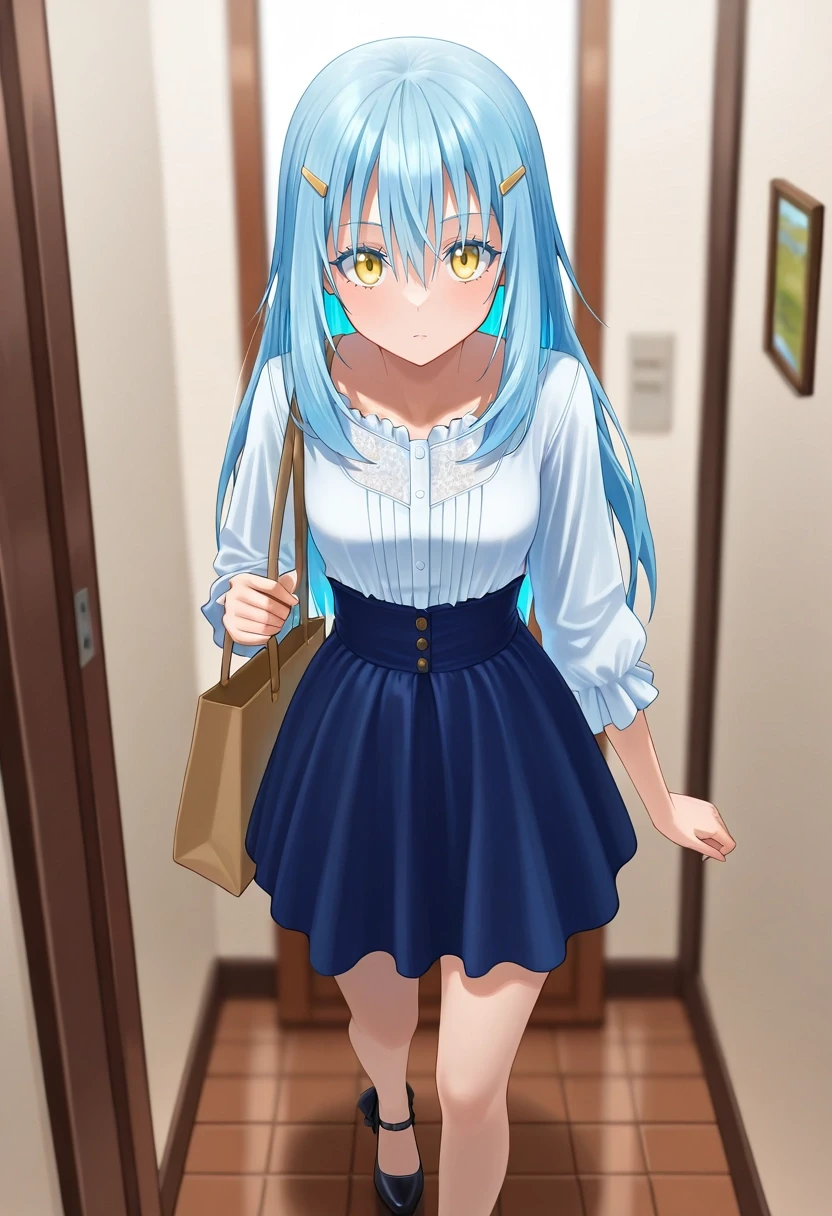 masterpiece, best quality, intricate details, (photorealistic:0.6), looking at viewer, depth of field, 1girl, solo, <lora:rimuru_tempest_ilxl:0.94>, rimuru_tempest, blue hair, yellow eyes, long hair, bangs, hair between eyes, fur trim, , |TealBlue High-waisted skirt, Toile Satin blouse, Mary Jane shoes, Hair clip, Tote Bag